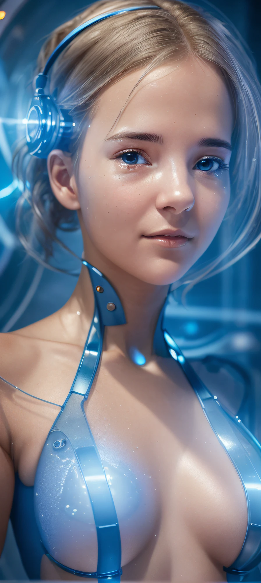 1girl, (extremely detailed portrait, science fiction theme, masterpiece), best quality, Monroe female character, glass cryo conservation chamber, bright blue light, dynamic pose, dynamic angle, futuristic laboratory equipment, volumetric light, blue splashes.