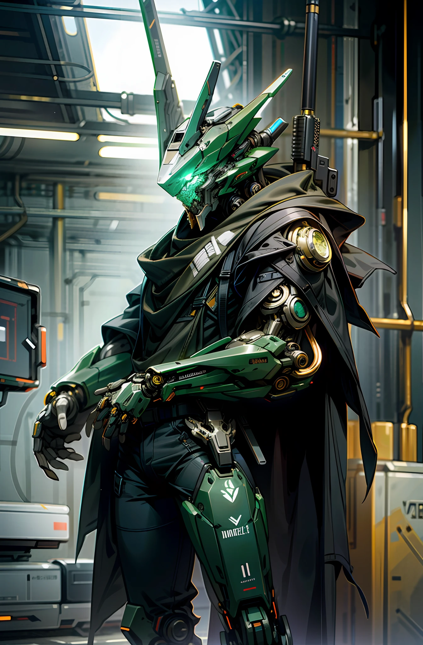 Dark_Fantasy, Cyberpunk, (Gun, 1.1), 1 Man, Mechanical Marvel, Robot Presence, Cybernetics Guardian, Green, 8K, Simple Background
