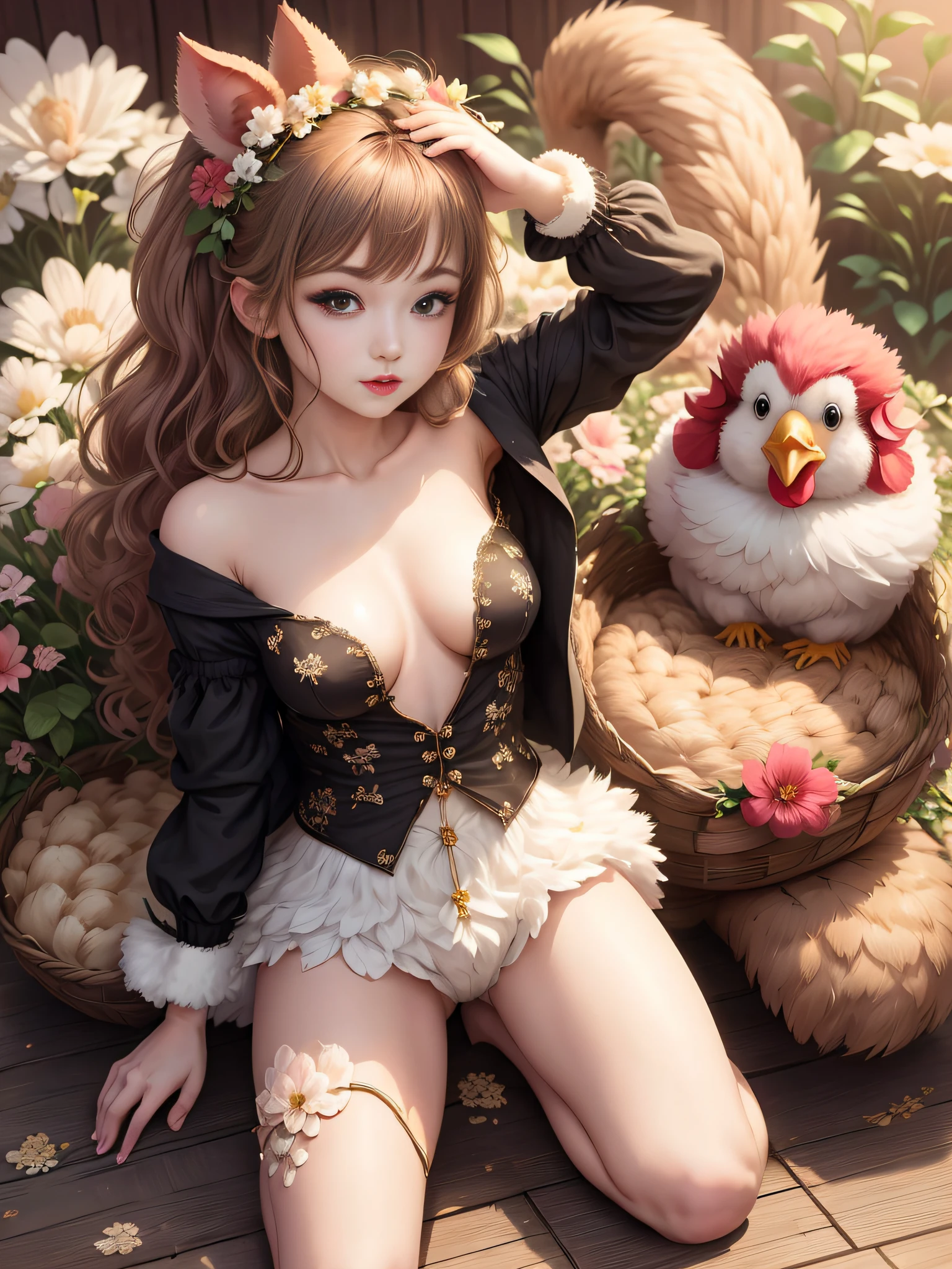 1 sexy girl in plush clothes with a chicken photo, cute furry,