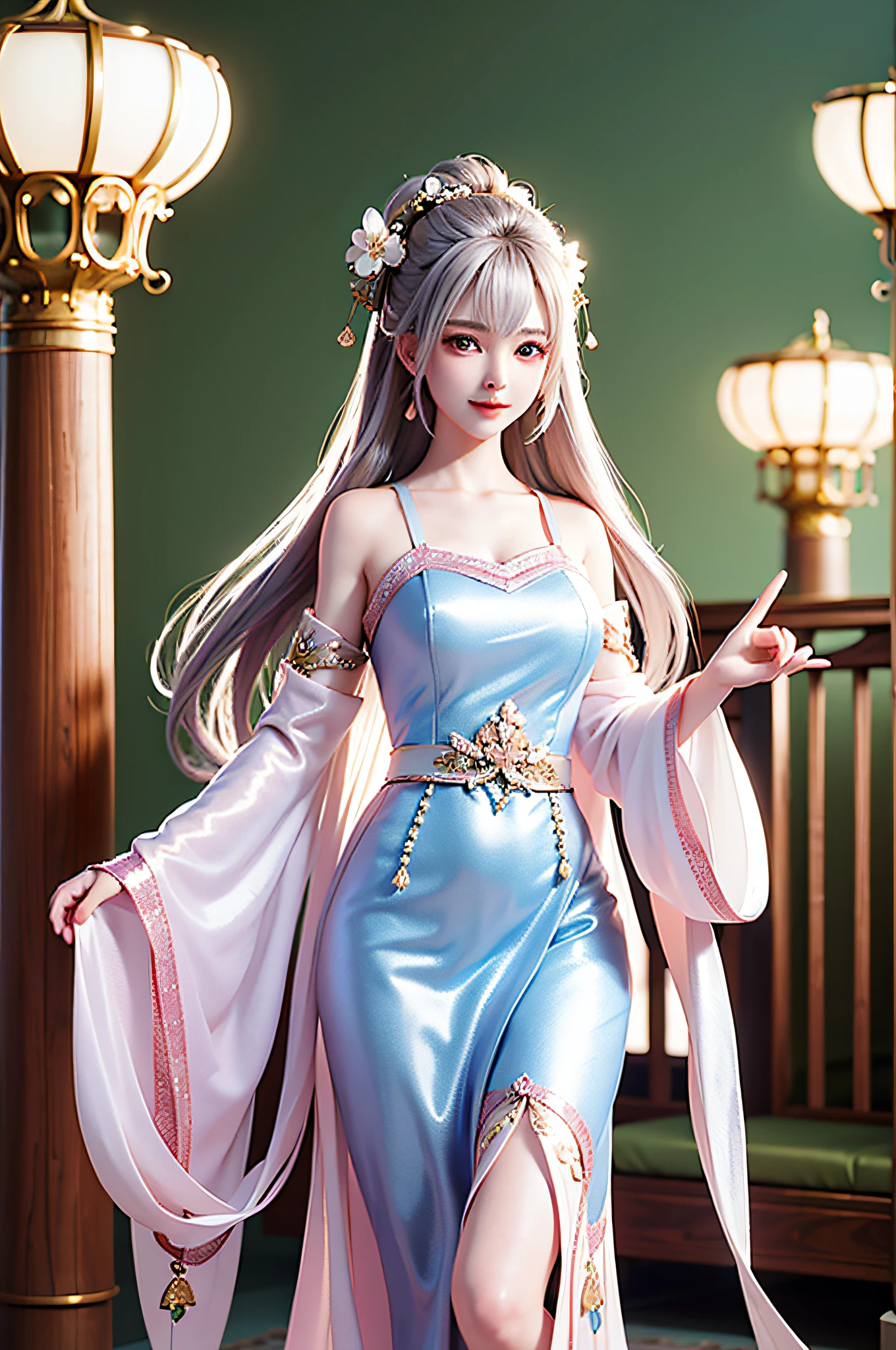 There is a girl in a green dress, plum blossoms, palace, oriental architecture ray tracing, {best quality}, {masterpiece, bust, portrait, bust}}, extremely detailed 8K wallpaper, {an extremely delicate and beautiful}, colorful, intricate details, realism, realism, camera quality, (meticulously portrayed clothes), cold white skin, (meticulously portrayed blush), 1080p, sun, soft cute, smooth light silver hair, messy beauty, lighting, broken feeling, shiny and silky skin, 3D stereoscopic, Masterpiece, best quality, illustration super fine, beautiful eyes, very delicate light, fine luminescence, very fine 8K CG wallpaper, peach blossom eyes, red pupils, an extremely delicate beautiful girl, 8k wallpaper, best quality, full body close-up, white long dress, luxurious silky bright red chiffon flood (illusion, glitter, ultra-thin, soft,) Hanfu