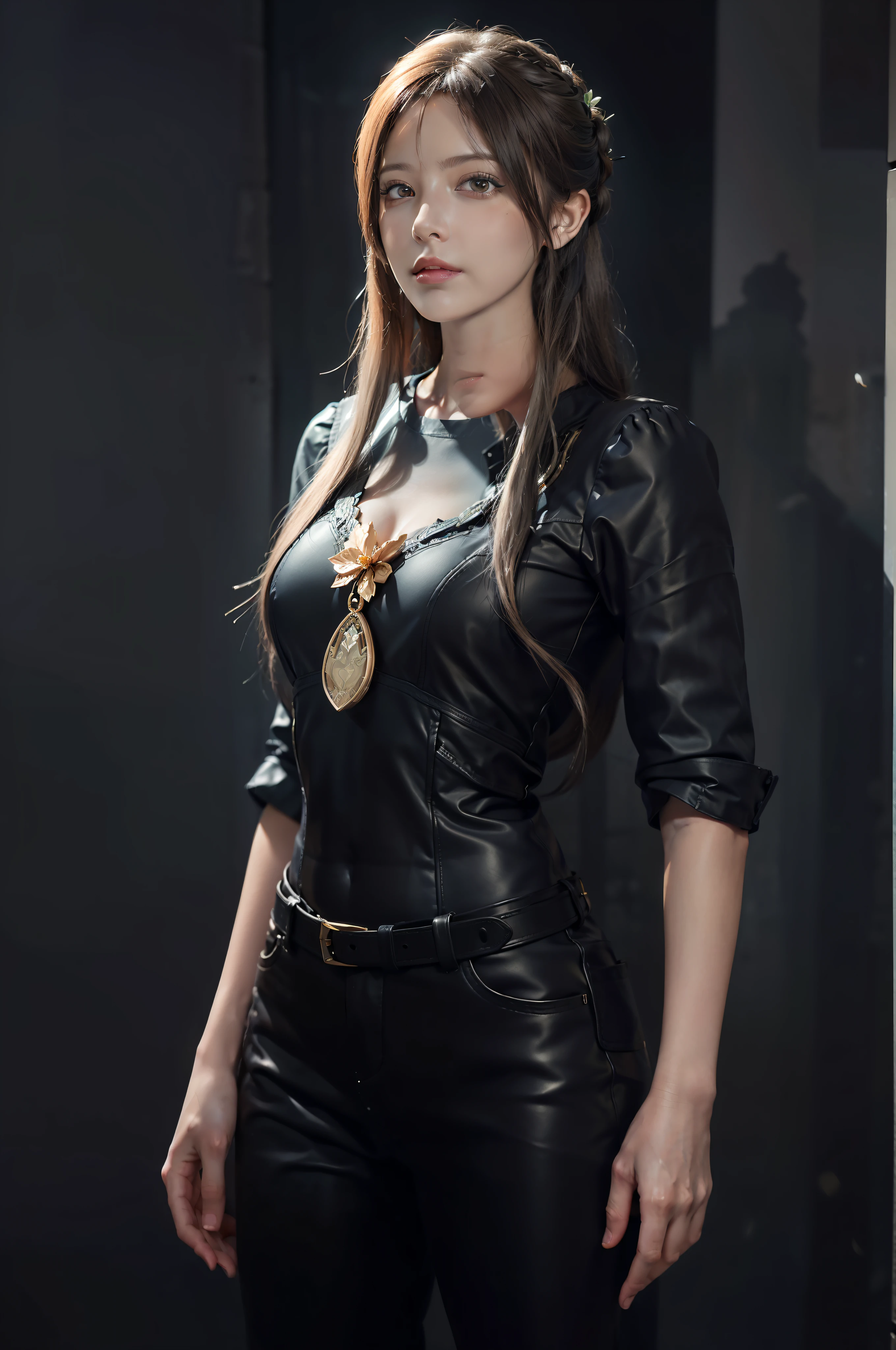 Hyperrealist portrait of female by david hockney and alphonse mucha,fantasy art, photo realistic, dynamic lighting, artstation, poster, volumetric lighting, very detailed faces, 4 k, award winning,, 1girl, in the dark, deep shadow, low key,cowboy shot,(official clothing:1.4) ,long hair,white hair,