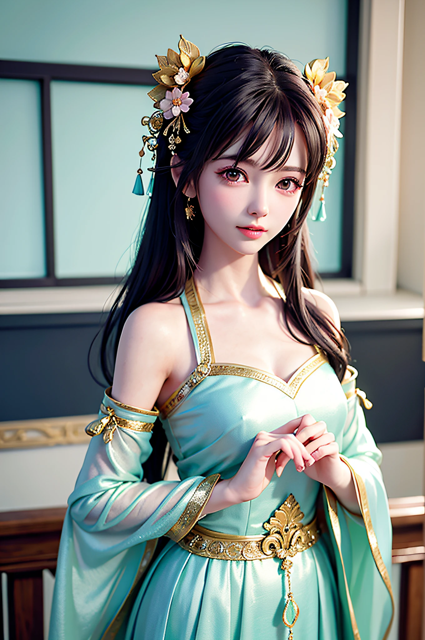 There is a girl in a green dress, plum blossoms, palace, oriental architecture ray tracing, {best quality}, {masterpiece, bust, portrait, bust}}, extremely detailed 8K wallpaper, {an extremely delicate and beautiful}, colorful, intricate details, realism, realism, camera quality, (meticulously portrayed clothes), cold white skin, (meticulously portrayed blush), 1080p, sun, soft cute, smooth light silver hair, messy beauty, lighting, broken feeling, shiny and silky skin, 3D stereoscopic, Masterpiece, best quality, illustration super fine, beautiful eyes, very delicate light, fine luminescence, very fine 8K CG wallpaper, peach blossom eyes, red pupils, an extremely delicate beautiful girl, 8k wallpaper, best quality, full body close-up, white long dress, luxurious silky bright red chiffon flood (illusion, glitter, ultra-thin, soft,) Hanfu