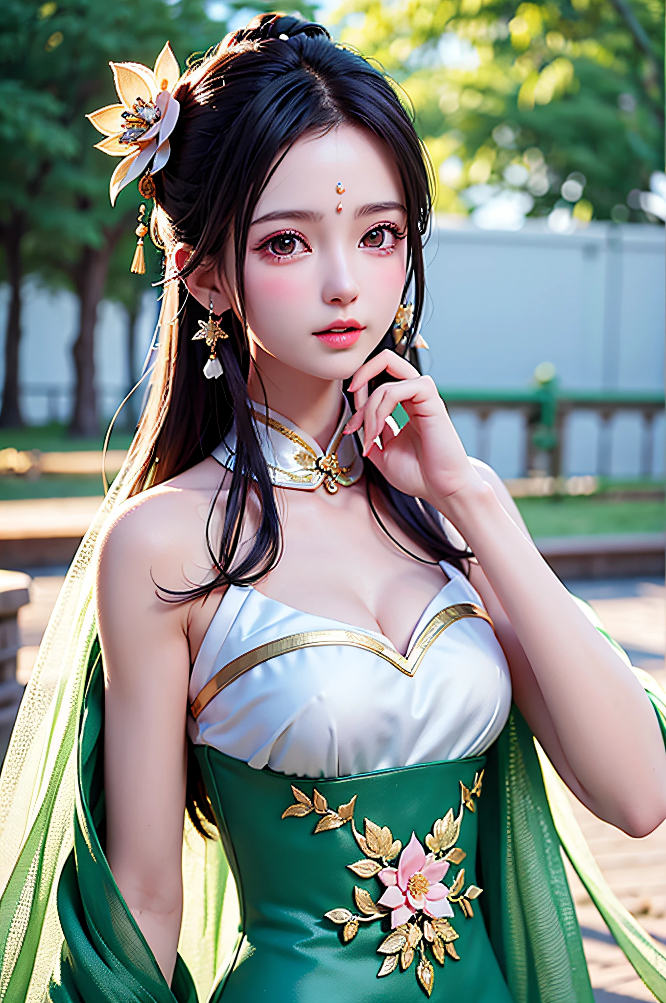 There is a girl in a green dress, plum blossoms, palace, oriental architecture ray tracing, {best quality}, {masterpiece, bust, portrait, bust}}, extremely detailed 8K wallpaper, {an extremely delicate and beautiful}, colorful, intricate details, realism, realism, camera quality, (meticulously portrayed clothes), cold white skin, (meticulously portrayed blush), 1080p, sun, soft cute, smooth light silver hair, messy beauty, lighting, broken feeling, shiny and silky skin, 3D stereoscopic, Masterpiece, best quality, illustration super fine, beautiful eyes, very delicate light, fine luminescence, very fine 8K CG wallpaper, peach blossom eyes, red pupils, an extremely delicate beautiful girl, 8k wallpaper, best quality, full body close-up, white long dress, luxurious silky bright red chiffon flood (illusion, glitter, ultra-thin, soft,) Hanfu
