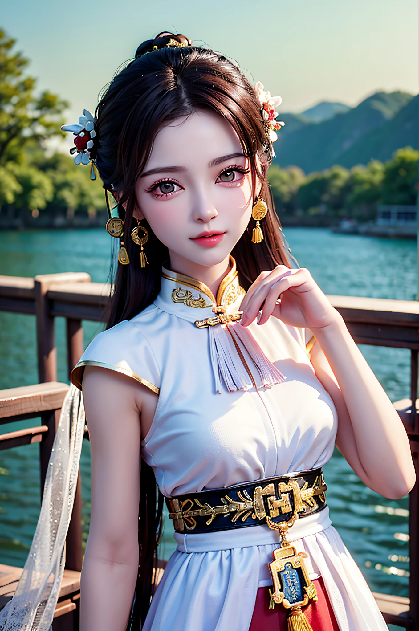 (Best Quality: 1.3, Masterpiece: 1.3), Ultra HD, (1girl, solo), atmospheric perspective, detailed face, upper body, makeup, pink lips, cleft lip, shiny skin, (brown hair), super long hair, Looking at In front of the audience, red eyes, earrings, small breasts, slim body, (white silk), (((((East Asian architecture, riverside, beautiful background))), perfect lighting, (frontal lighting), physically based rendering,