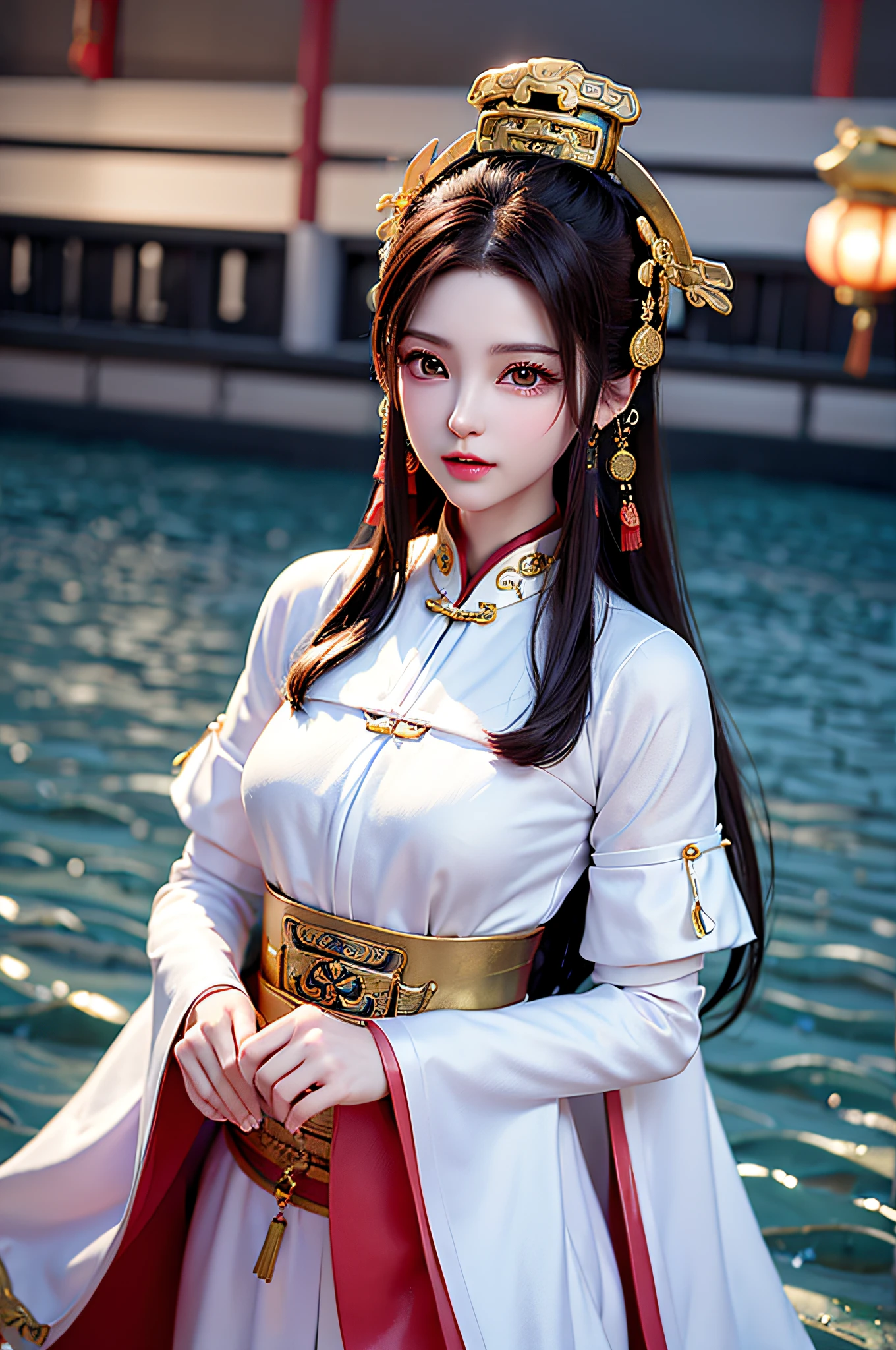 (Best Quality: 1.3, Masterpiece: 1.3), Ultra HD, (1girl, solo), atmospheric perspective, detailed face, upper body, makeup, pink lips, cleft lip, shiny skin, (brown hair), super long hair, Looking at In front of the audience, red eyes, earrings, small breasts, slim body, (white silk), (((((East Asian architecture, riverside, beautiful background))), perfect lighting, (frontal lighting), physically based rendering,
