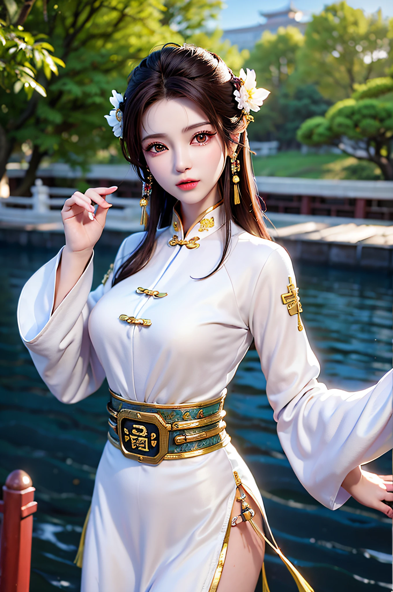 (Best Quality: 1.3, Masterpiece: 1.3), Ultra HD, (1girl, solo), atmospheric perspective, detailed face, upper body, makeup, pink lips, cleft lip, shiny skin, (brown hair), super long hair, Looking at In front of the audience, red eyes, earrings, small breasts, slim body, (white silk), (((((East Asian architecture, riverside, beautiful background))), perfect lighting, (frontal lighting), physically based rendering,