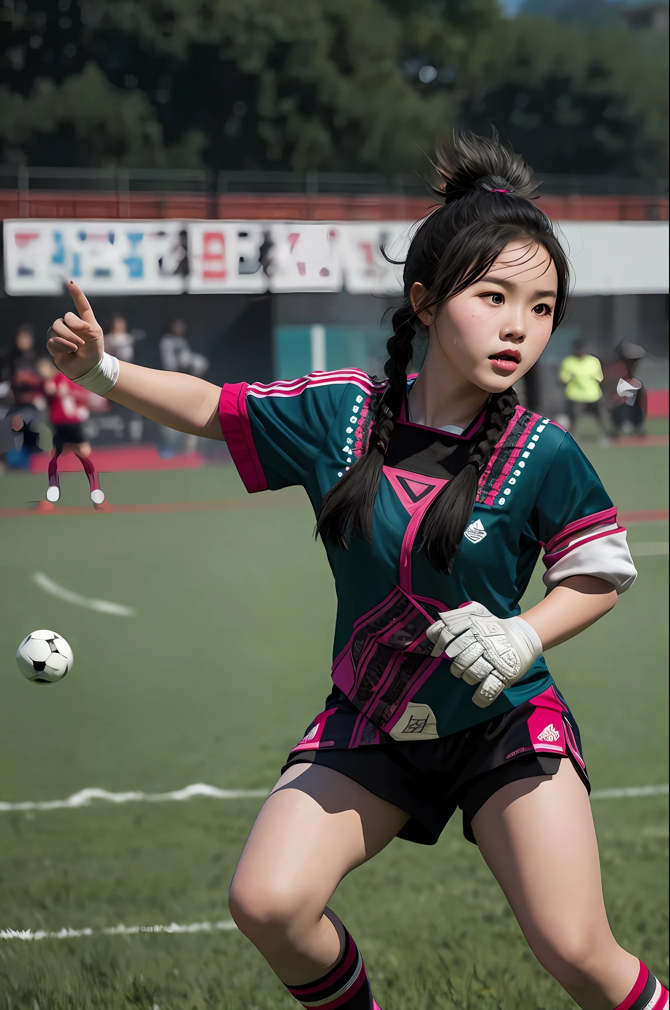 A Hmong girl, playing soccer, background soccer field, spectators, is a goalkeeper