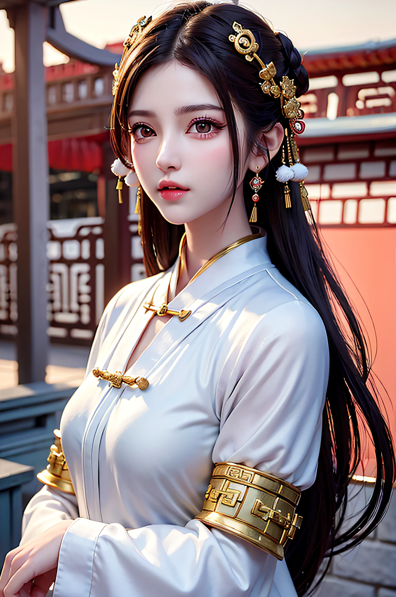 (Best Quality: 1.3, Masterpiece: 1.3), Ultra HD, (1girl, solo), atmospheric perspective, detailed face, upper body, makeup, pink lips, cleft lip, shiny skin, (brown hair), super long hair, Looking at In front of the audience, red eyes, earrings, small breasts, slim body, (white silk), (((((East Asian architecture, riverside, beautiful background))), perfect lighting, (frontal lighting), physically based rendering,