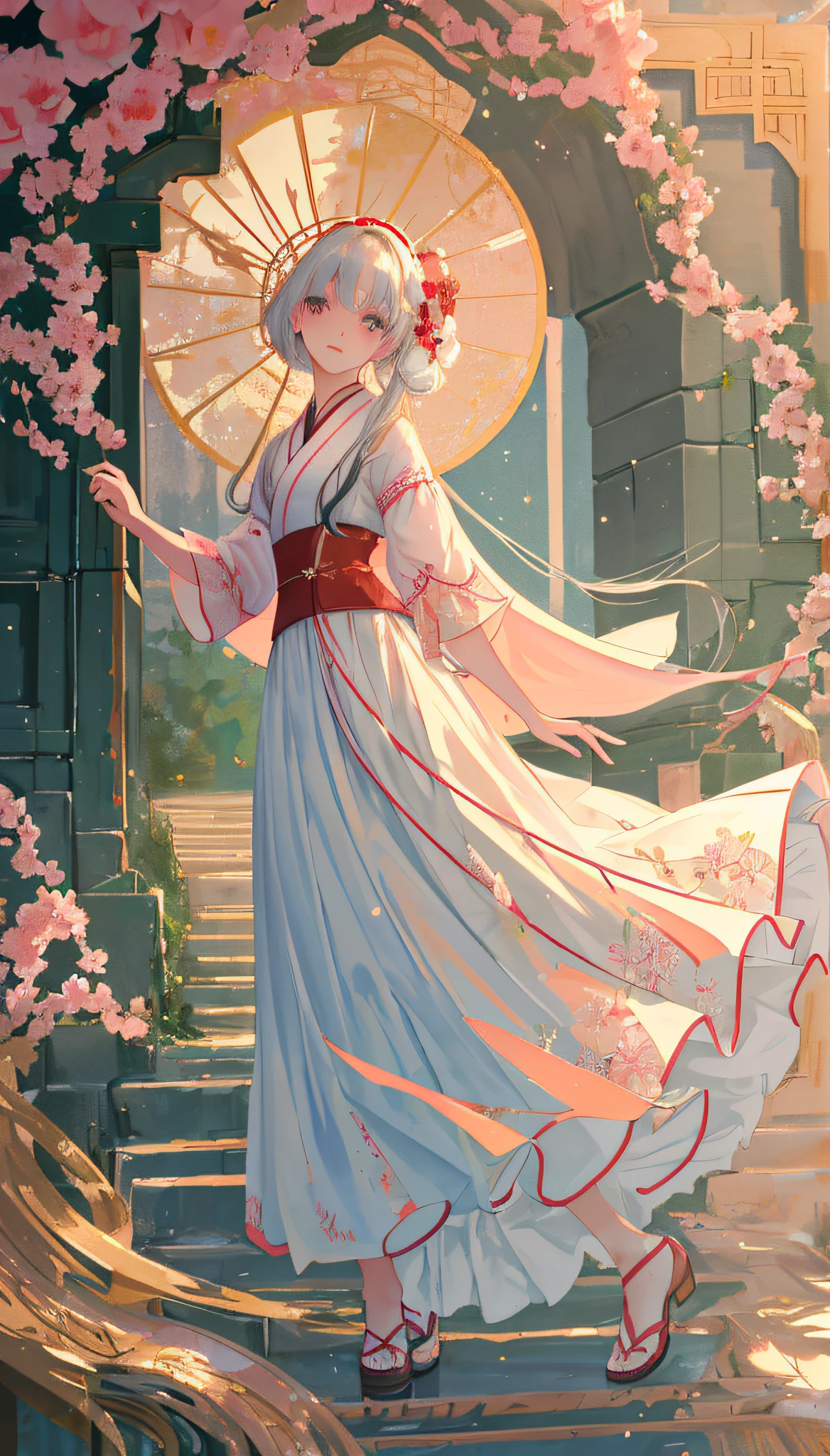 There is a girl in a green dress, plum blossoms, palaces, oriental architecture ray tracing, {best quality}, {{masterpiece}}, extremely detailed 8K wallpaper, {an extremely delicate and beautiful}, colorful, intricately detailed, Realistic, real, camera quality, (detailed depiction of clothes), cool white skin, (detailed depiction of blush), 1080p, sun, soft cuteness, smooth light silver hair, messy beauty, lighting, broken feeling, bright and silky skin , 3D stereoscopic, masterpiece, best quality, super fine illustration, beautiful eyes, very fine light, fine glow, very fine 8K CG wallpaper, peach eyes, red pupils, an extremely delicate and beautiful girl, 8k Wallpaper, best quality, full body close-up, white long dress, luxurious silky bright red chiffon floodlight (magic, glitter, ultra-thin, soft,) Hanfu