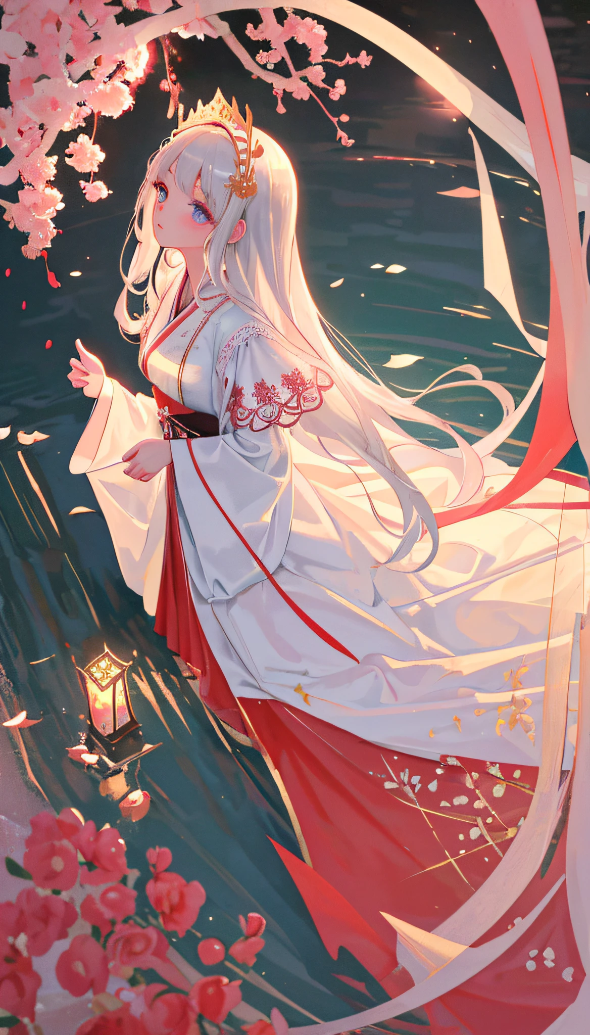 There is a girl in a green dress, plum blossoms, palaces, oriental architecture ray tracing, {best quality}, {{masterpiece}}, extremely detailed 8K wallpaper, {an extremely delicate and beautiful}, colorful, intricately detailed, Realistic, real, camera quality, (detailed depiction of clothes), cool white skin, (detailed depiction of blush), 1080p, sun, soft cuteness, smooth light silver hair, messy beauty, lighting, broken feeling, bright and silky skin , 3D stereoscopic, masterpiece, best quality, super fine illustration, beautiful eyes, very fine light, fine glow, very fine 8K CG wallpaper, peach eyes, red pupils, an extremely delicate and beautiful girl, 8k Wallpaper, best quality, full body close-up, white long dress, luxurious silky bright red chiffon floodlight (magic, glitter, ultra-thin, soft,) Hanfu