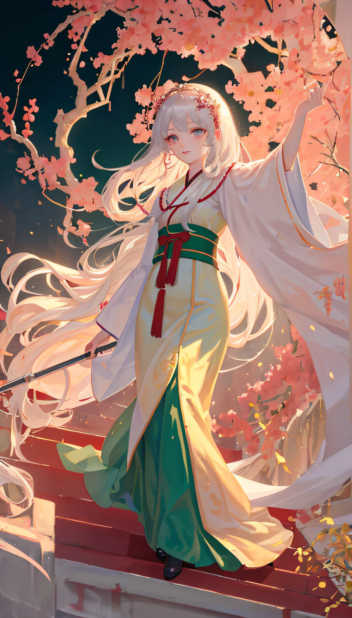 There is a girl in a green dress, plum blossoms, palaces, oriental architecture ray tracing, {best quality}, {{masterpiece}}, extremely detailed 8K wallpaper, {an extremely delicate and beautiful}, colorful, intricately detailed, Realistic, real, camera quality, (detailed depiction of clothes), cool white skin, (detailed depiction of blush), 1080p, sun, soft cuteness, smooth light silver hair, messy beauty, lighting, broken feeling, bright and silky skin , 3D stereoscopic, masterpiece, best quality, super fine illustration, beautiful eyes, very fine light, fine glow, very fine 8K CG wallpaper, peach eyes, red pupils, an extremely delicate and beautiful girl, 8k Wallpaper, best quality, full body close-up, white long dress, luxurious silky bright red chiffon floodlight (magic, glitter, ultra-thin, soft,) Hanfu