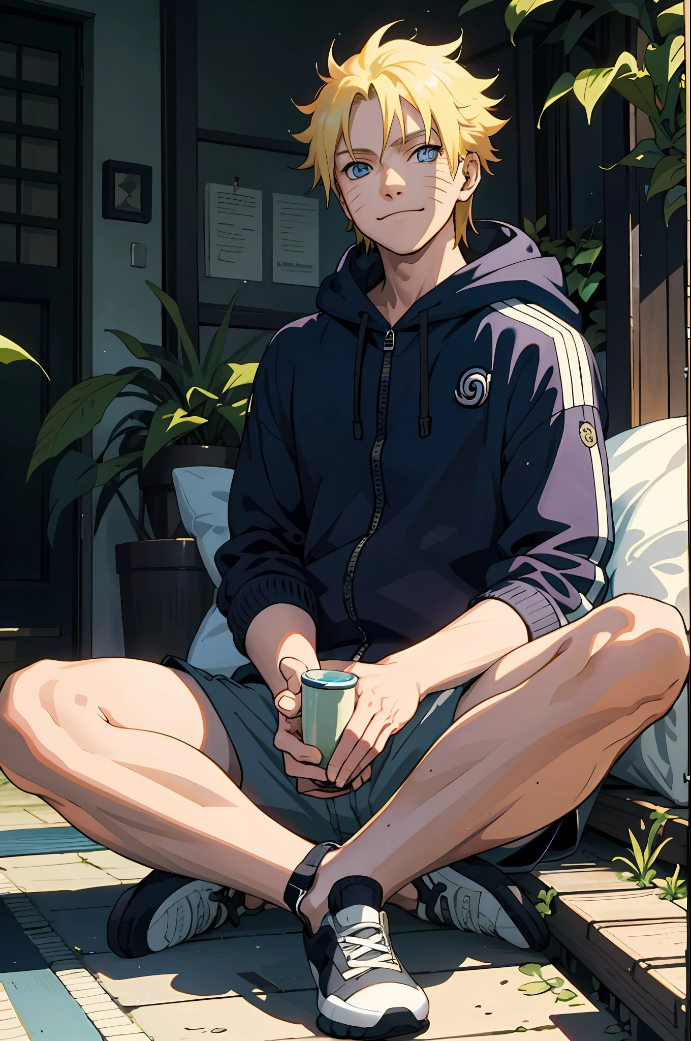 masterpiece, solo, best quality, 1 male, young adult, tall muscular, handsome, finely detailed eyes, intricate details, casual clothes, oversized hood, shorts, tennis shoes, messy blonde hair, mid length hair, complex pattern, best light and shadow, background is inside of house, sitting, dappled sunlight, day, depth of field, plants, summer, colorful, artistic, depth of field, smile, closed mouth, blue eyes, uzumaki naruto