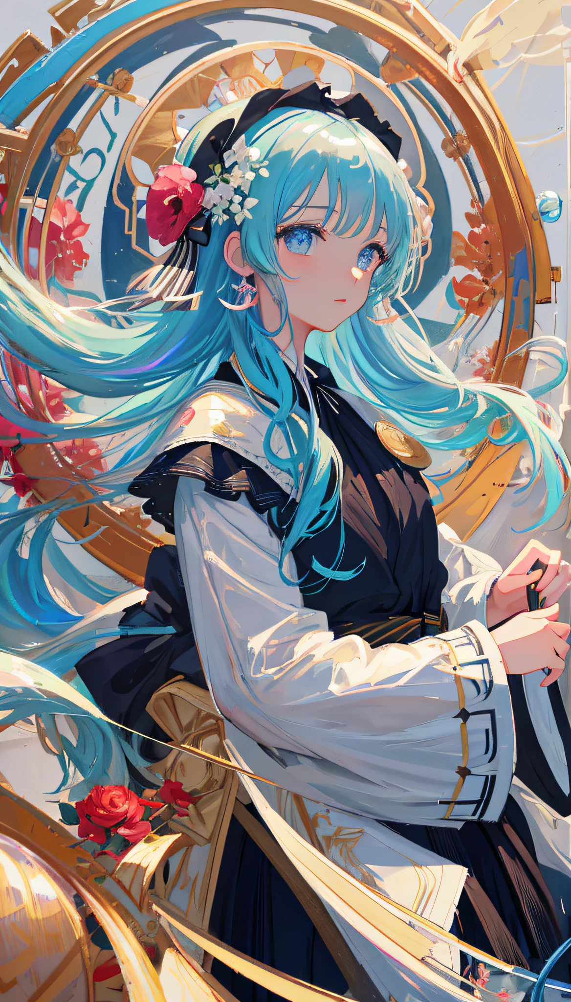 (masterpiece), (best quality), (ultra detailed),(disheveled hair),(illustration), (1girl), (Fashionable clothing), standing, Fashion model, looking at viewer, (interview), (simple background),beautiful detailed eyes, delicate beautiful face, Floating,(high saturation),(colorful splashes),colorful bubble,(shining), focus on face, kamisato ayaka, light blue hair, bangs, hair ring, floating flowers, floating hairs.Girl, anime waifu, looking at viewer, highlydetailed, reflections transparent iridescent colors, long transparent iridescent RGB hair, artby Serafleur from artstation, thick acrylic,illustration on pixiv, waist up portrait, gorgeoussacred girl, best quality, ultra detailed,sad,clever,beautiful face , beautiful lighton black background, Character stvle renderedby Octane,