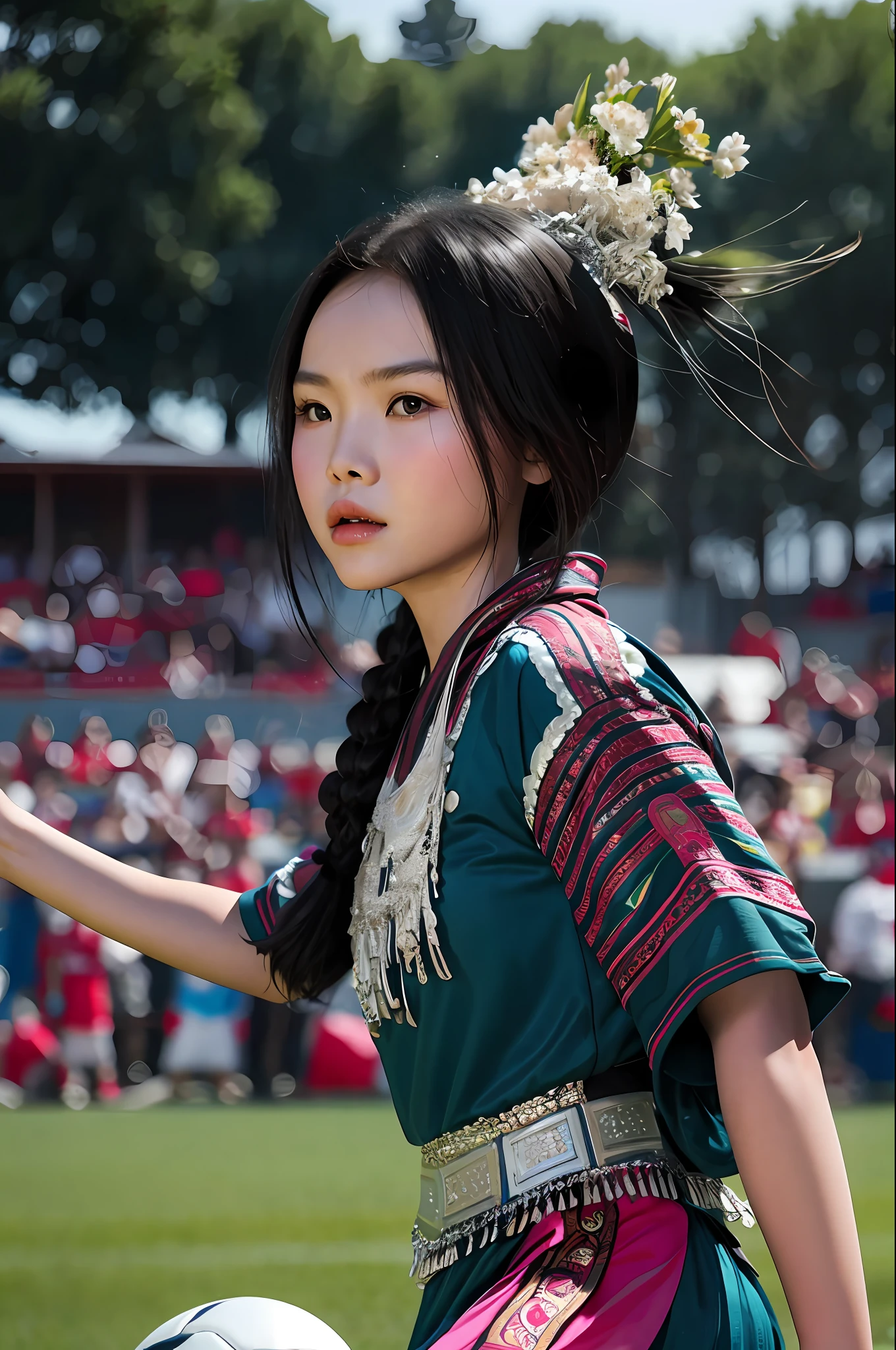A Hmong girl, playing soccer, background soccer field, spectators, is a goalkeeper