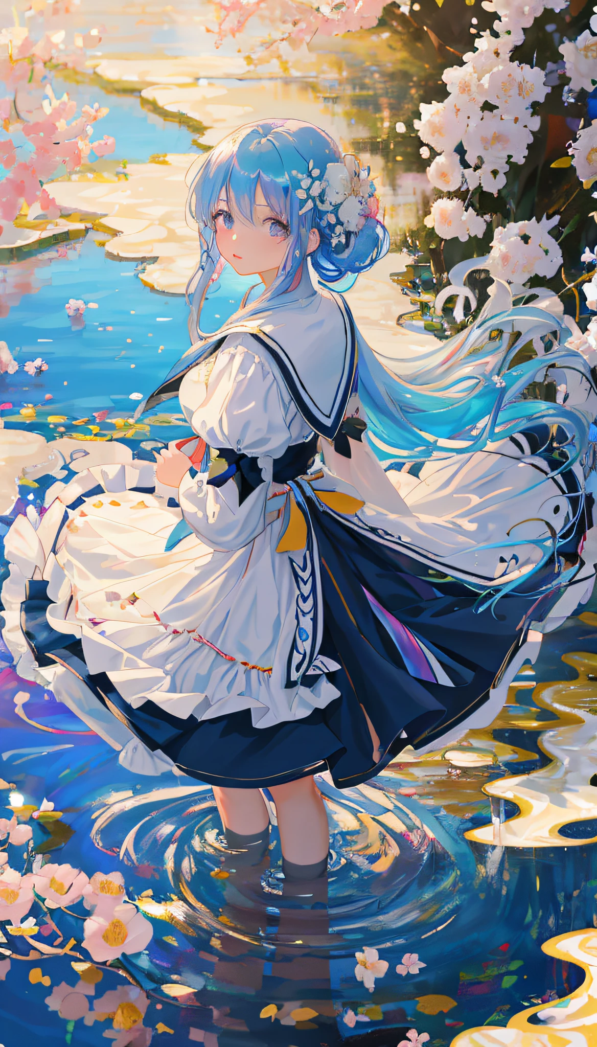 (masterpiece), (best quality), (ultra detailed),(disheveled hair),(illustration), (1girl), (Fashionable clothing), standing, Fashion model, looking at viewer, (interview), (simple background),beautiful detailed eyes, delicate beautiful face, Floating,(high saturation),(colorful splashes),colorful bubble,(shining), focus on face,  kamisato ayaka, light blue hair, bangs, hair ring, floating flowers, floating hairs.Girl, anime waifu, looking at viewer, highlydetailed, reflections transparent iridescent colors, long transparent iridescent RGB hair, artby Serafleur from artstation, thick acrylic，illustration on pixiv, waist up portrait, gorgeoussacred girl, best quality, ultra detailed,sad,clever,beautiful face , beautiful lighton black background, Character stvle renderedby Octane,