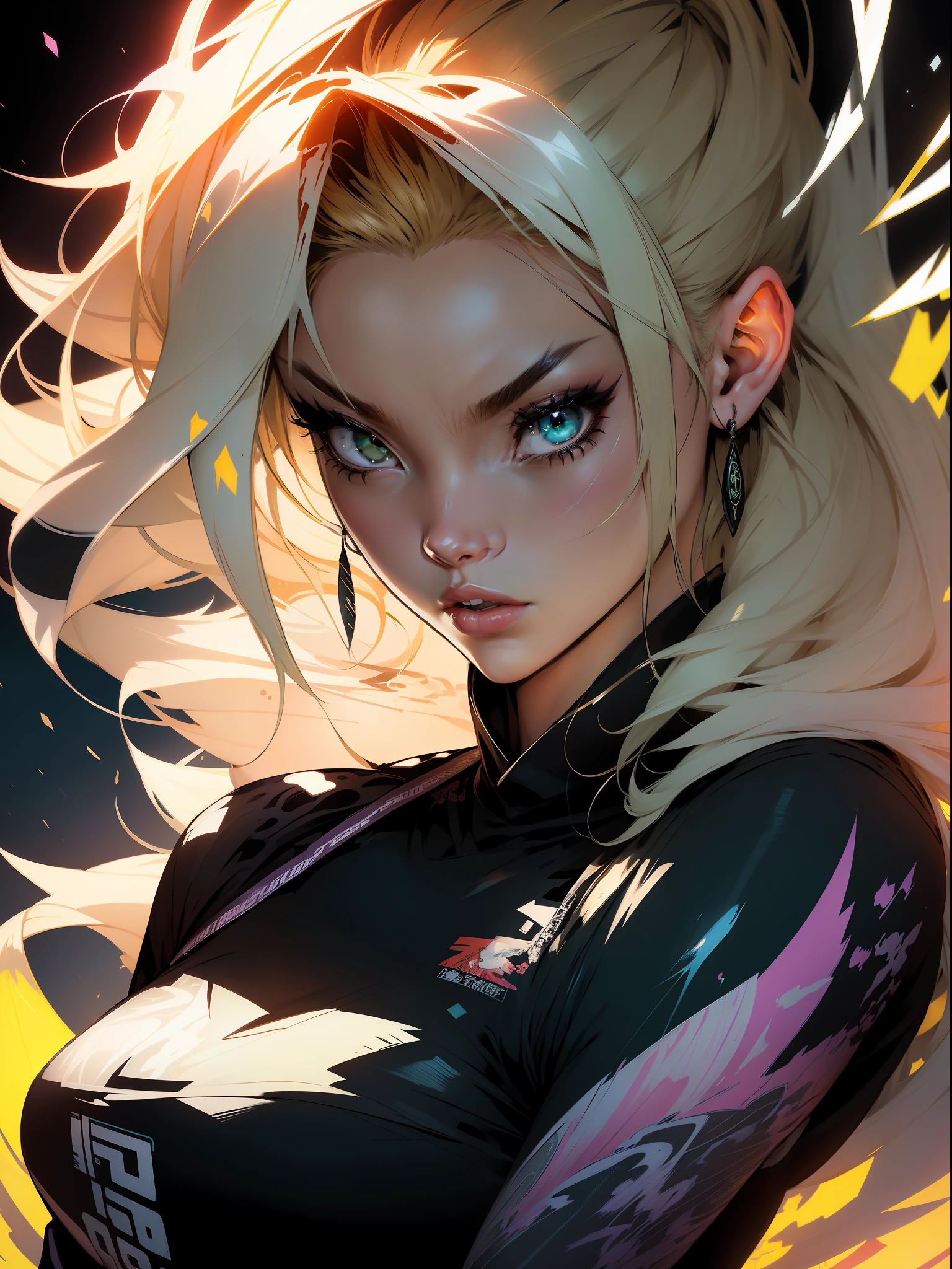 background, mixed-language_text, Japanese graffiti letters, young warrior with short blonde hair. His eyes are yellow of a deep shade of amber, which shine with intensity when he is in battle. She possesses an athletic and slender appearance, with a confident and determined posture. Her skin has a light tan tone, evidencing her strength and endurance, photo, sticker art, freedom, voluminous and beautiful lips, digital illustration, comic style, centered, approaching perfection, dynamic, highly detailed, watercolor painting, artstation, concept art, smooth, sharp focus, illustration, art by carne griffiths and ,alone anime, centered, approaching perfection, drawing style illustrator, anime style, body with futuristic tribal tattoo style designs in dragon shape,  serious face and ultra detailed artwork, graffiti style destroyed city scenery with camera focus, :: style JOE MADUREIRA:: BEAUTIFUL WOMAN perfect and detailed, ultra detailed style clothes with tatoon designs and colors, black, white and purple in gradient, with various full-body attack poses and with immersive effects, hover effect, graphite style background with vibrant colors "ultra HDR" detailed,  focus effect,black all star converse sneakers (masterpiece: 1.2, best quality), (finely detailed beautiful emerald yellow eyes: 1.2), extremely detailed hair, depth of field,shot with Canon EOS,lens 135mm f1.8,portrait of [x]((langer breast Beautiful Woman )),blonde hair,with a natural glow ((Solo)), (Ultra detailed eyes:1.4), (Finely detailed eyes and detailed face:1.3), ), (With ULTRA DETAILED jeans and a black t-shirt with full ultra detailed tatoom print:1.3), (Beautiful and clear background:1.2), (CG