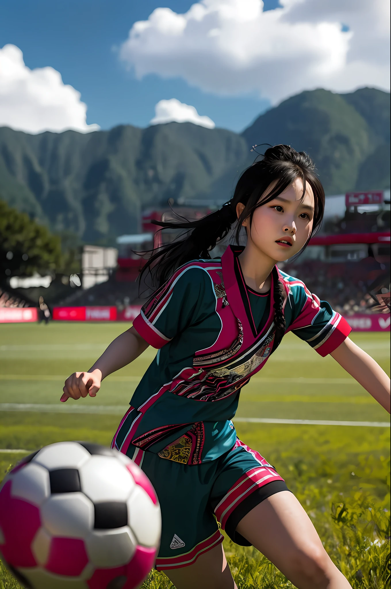 A Hmong girl, playing soccer, background soccer field, spectators, is a goalkeeper