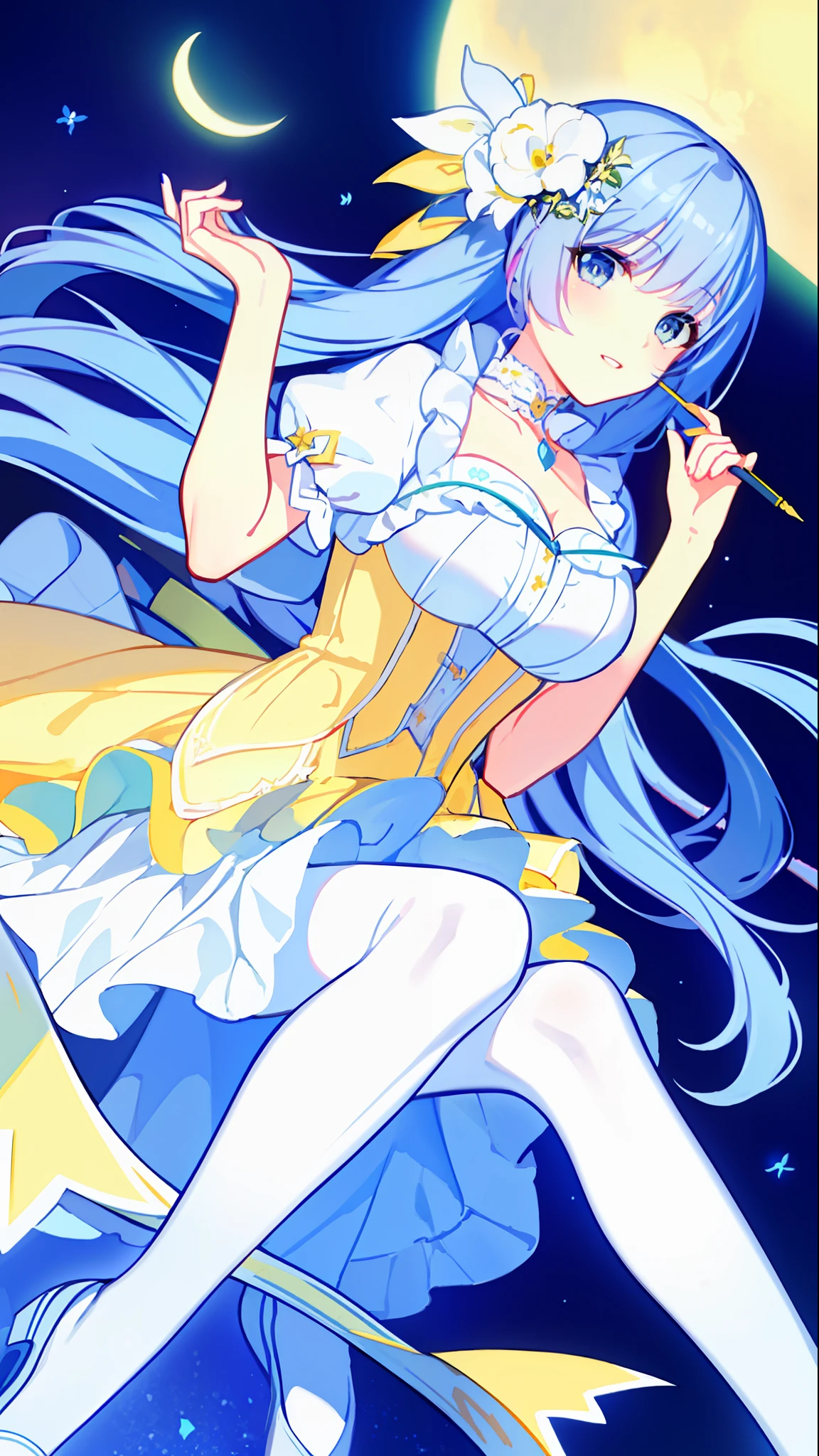 Left-facing, ((((Masterpiece)))), (((Best Quality))), (((Very Detailed))), Detailed Fingers, Illustration, 1 Girl, Solo, Long Sky Blue Hair, Violet Colored Eyes, Flower Hair Ornament, White Feather Hair Ornament, Yellow Moon Hair Ornament, Wide Open Chest, Large Breasts, Large White Ribbon at the Waist, Yellow Idol Dress, With White Flowers, Choker with Yellow Ribbon, White Gloves, White Tights , Yellow Shoes, MIKU, Royal Elegant Pose,