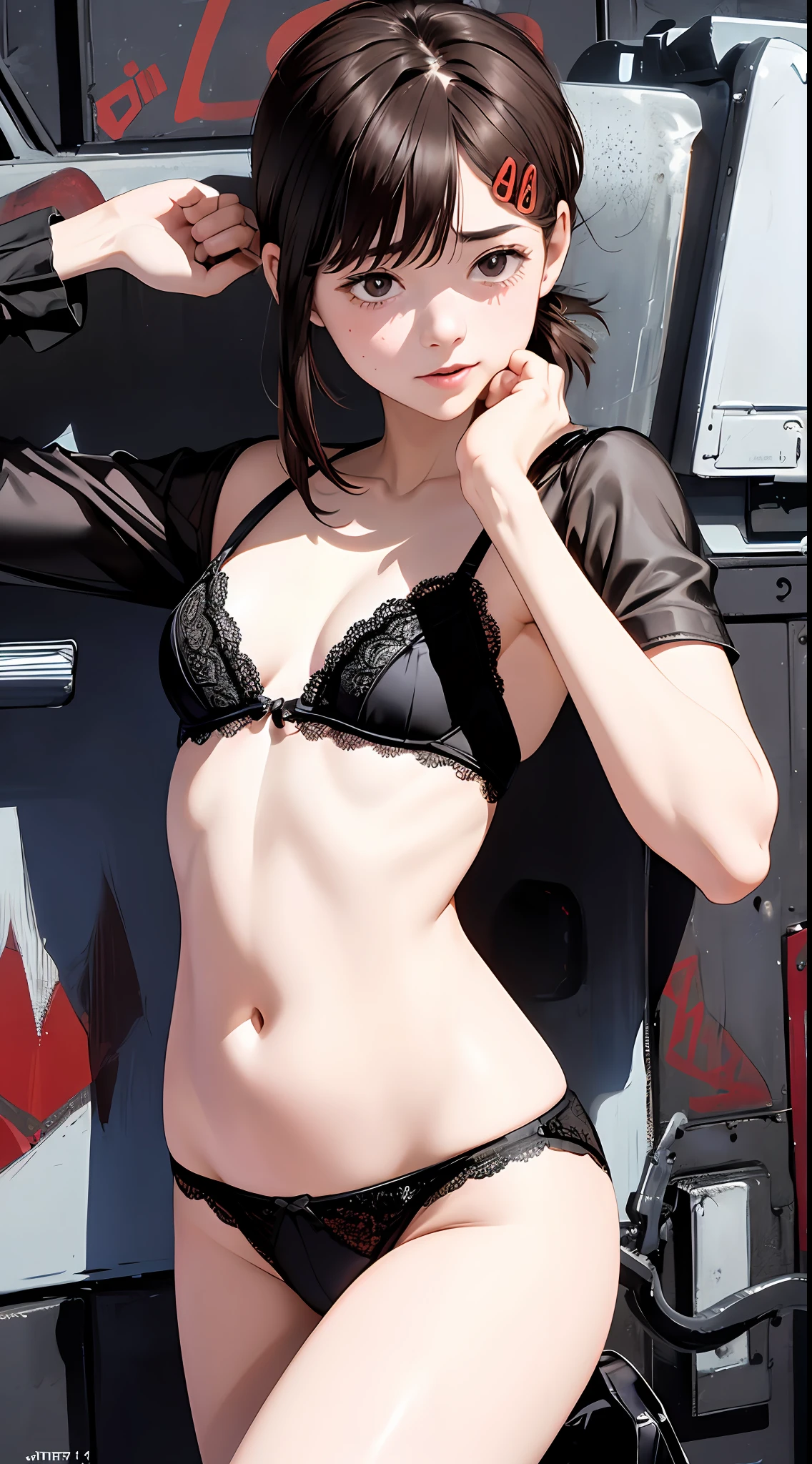 (1 girl),(masterpiece: 1.3), (beautiful: 1.2), (high quality: 1.2), (fine detail: 1.2), (beautiful eyes: 1.5), 15 years old, , portrait, realistic, 3D face, (bright eyes: 1.1), translucent, shiny hair, shiny skin, lonely, embarrassed, belly, brown hair, black eyes, (lace very small underwear: 1.3), full body, excellent anatomy, cute pose, cute hands, kameltoe.