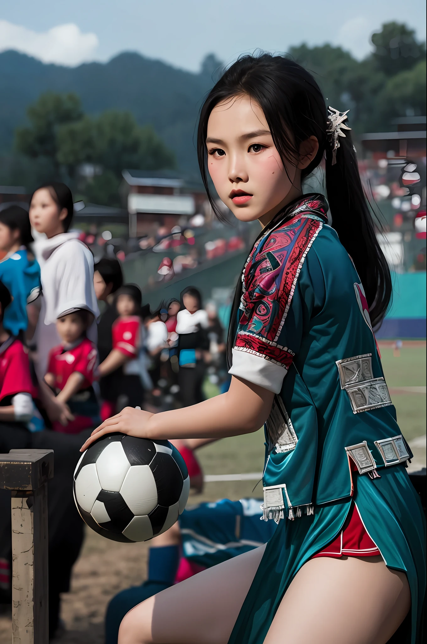 A Hmong girl, playing soccer, background soccer field, spectators, is a goalkeeper