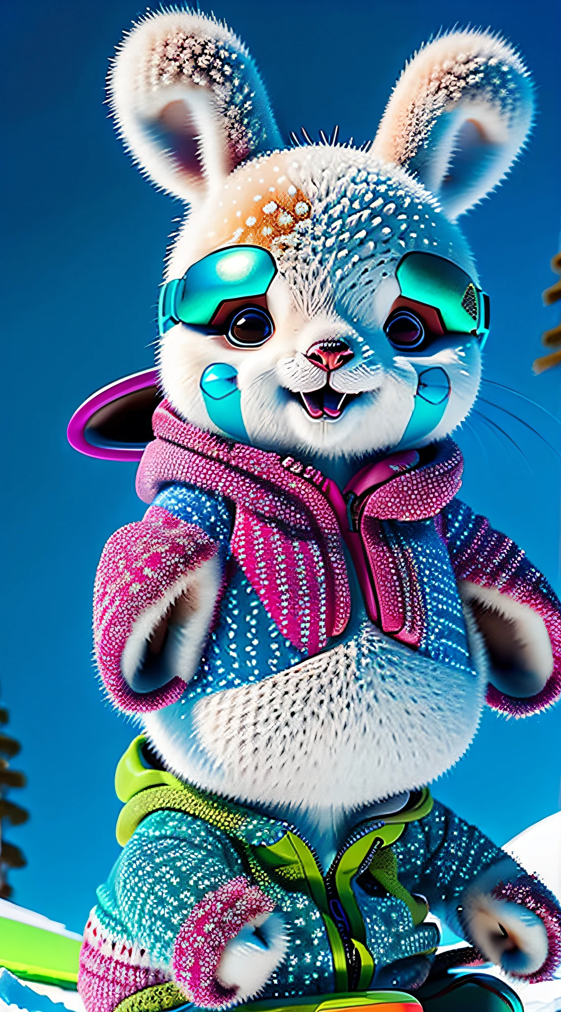 Subject: Design an eye-catching illustration of a furry kangaroo/panda hybrid enjoying a snowboarding adventure
Type of Image: Digital artwork
Art Styles: Furry art, action sports illustration
Art Inspirations: Furry character art, snowboarding art
Camera: N/A
Shot: N/A
Render Related Information: Create a visually captivating artwork featuring the furry kangaroo/panda hybrid snowboarding on a snowy mountain. Use a combination of vibrant colors and bold linework to depict the excitement and thrill of the snowboarding experience. Pay attention to the hybrid character's details, such as the kangaroo's hopping motion and panda markings. Include elements of winter scenery, such as snow-capped mountains or evergreen trees, to enhance the snowy adventure