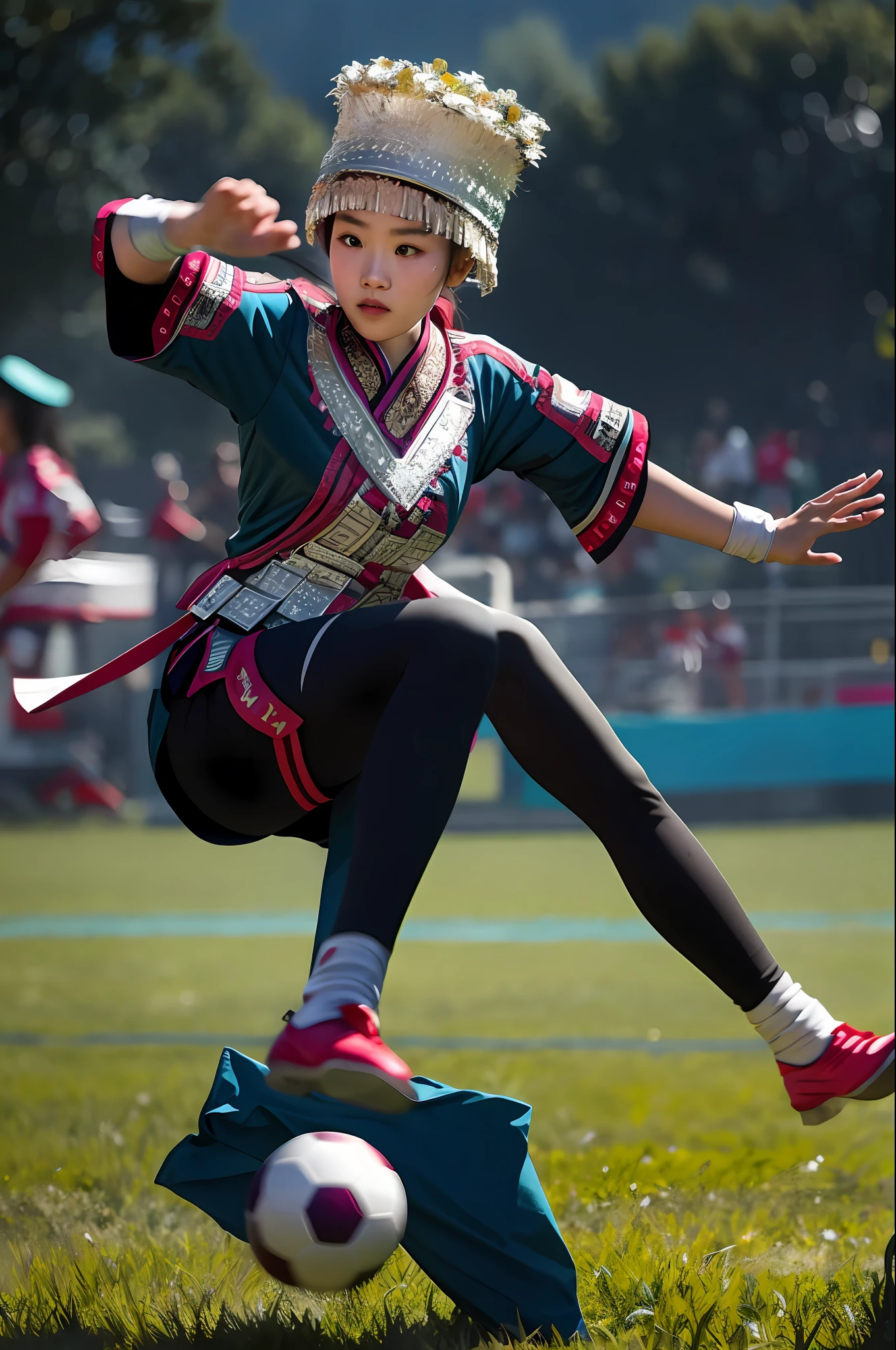 A Hmong girl, playing soccer, background soccer field, spectators, is a goalkeeper