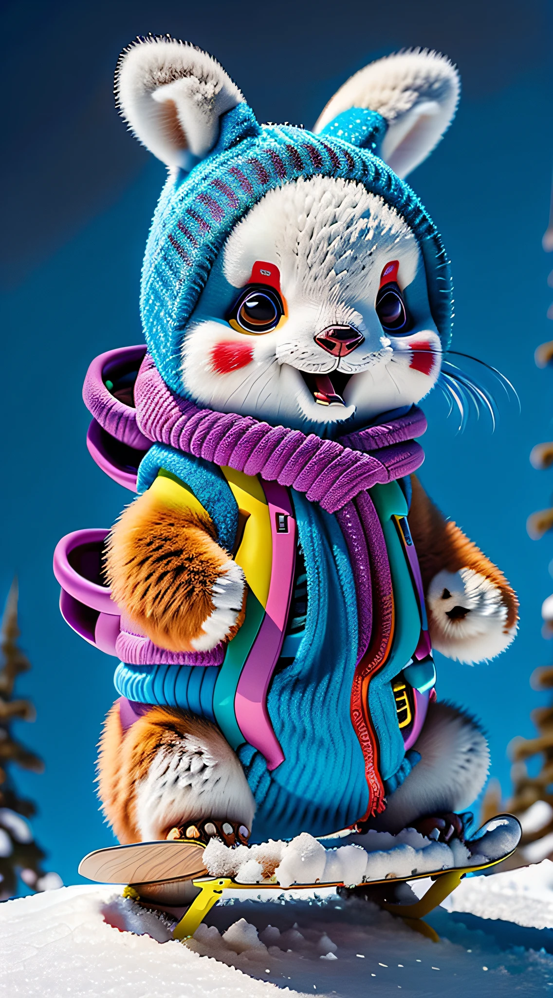 Subject: Design an eye-catching illustration of a furry kangaroo/panda hybrid enjoying a snowboarding adventure
Type of Image: Digital artwork
Art Styles: Furry art, action sports illustration
Art Inspirations: Furry character art, snowboarding art
Camera: N/A
Shot: N/A
Render Related Information: Create a visually captivating artwork featuring the furry kangaroo/panda hybrid snowboarding on a snowy mountain. Use a combination of vibrant colors and bold linework to depict the excitement and thrill of the snowboarding experience. Pay attention to the hybrid character's details, such as the kangaroo's hopping motion and panda markings. Include elements of winter scenery, such as snow-capped mountains or evergreen trees, to enhance the snowy adventure
