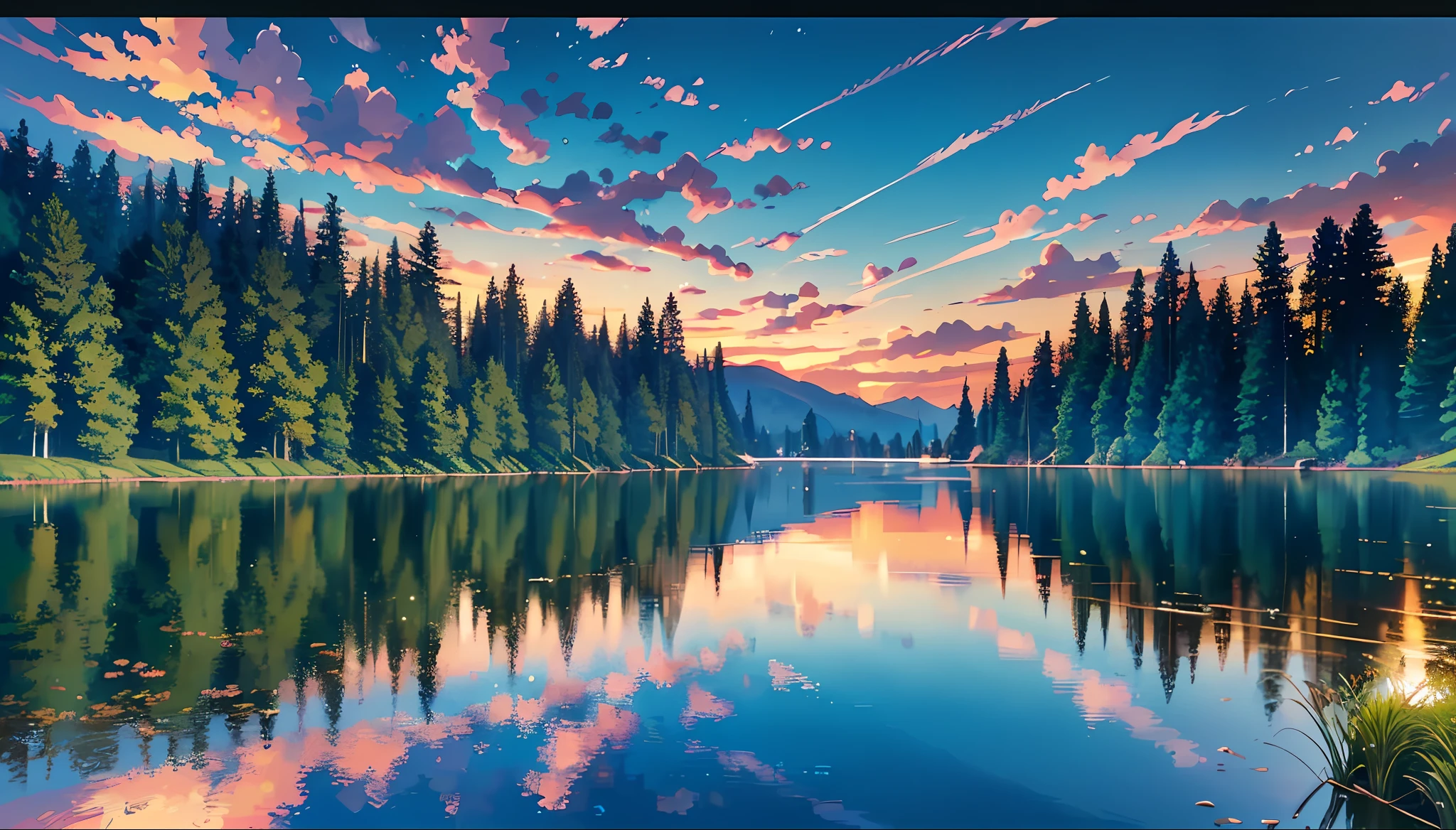 wallpaper, summer, lake, dawn, forest, detailed forest, clouds, masterpiece, cinematic, soft light, depth of field, ray tracing, reflection in water, realism, detailed ulra, masterpieces, HD, high quality, best quality, highres, high quality, high details, masterpiece, anime style