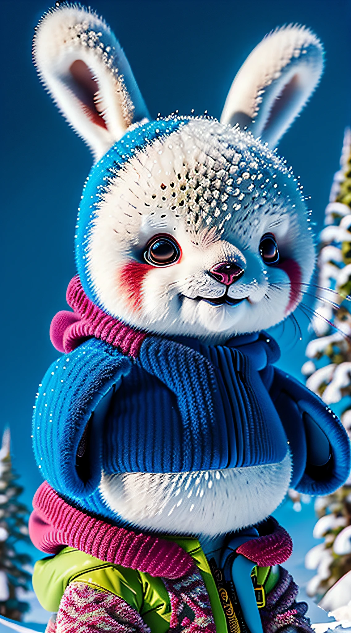 Subject: Design an eye-catching illustration of a furry kangaroo/panda hybrid enjoying a snowboarding adventure
Type of Image: Digital artwork
Art Styles: Furry art, action sports illustration
Art Inspirations: Furry character art, snowboarding art
Camera: N/A
Shot: N/A
Render Related Information: Create a visually captivating artwork featuring the furry kangaroo/panda hybrid snowboarding on a snowy mountain. Use a combination of vibrant colors and bold linework to depict the excitement and thrill of the snowboarding experience. Pay attention to the hybrid character's details, such as the kangaroo's hopping motion and panda markings. Include elements of winter scenery, such as snow-capped mountains or evergreen trees, to enhance the snowy adventure