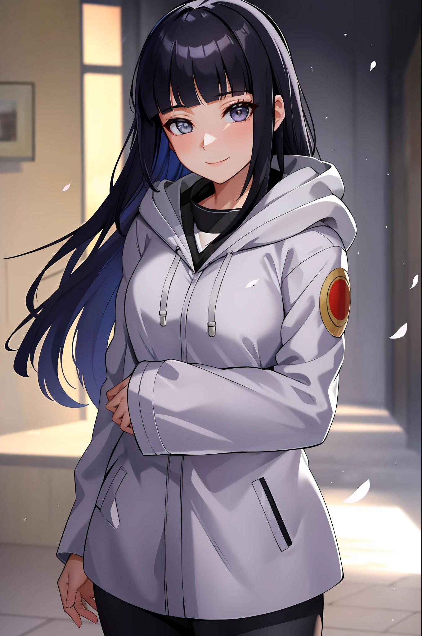 beautiful, masterpiece, best quality, extremely detailed face, perfect lighting, 1girl, hinata, hyuuga hinata, bangs, empty_eyes, black_hair, blunt_bangs, grey eyes, grey sleeves, headband_around_neck, highres, hime cut, hooded_cardigan, long sleeves, looking_at_viewer, petals, smile, solo, straight hair, upper body, hooded jacket, perfect body