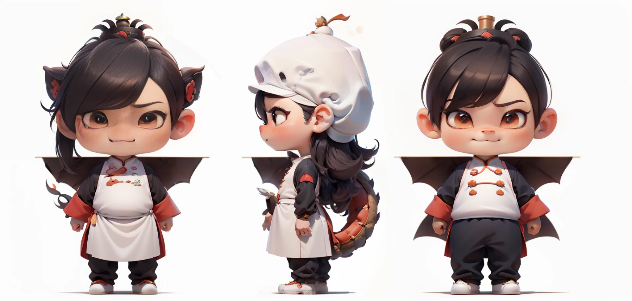 ((best quality), (masterpiece), highly_ detailed, multiple views, three views, character chart, a cartoon Chinese dragon, cute, wearing a chef's hat, full body, (simple background, white background: 1.3) --auto --s2