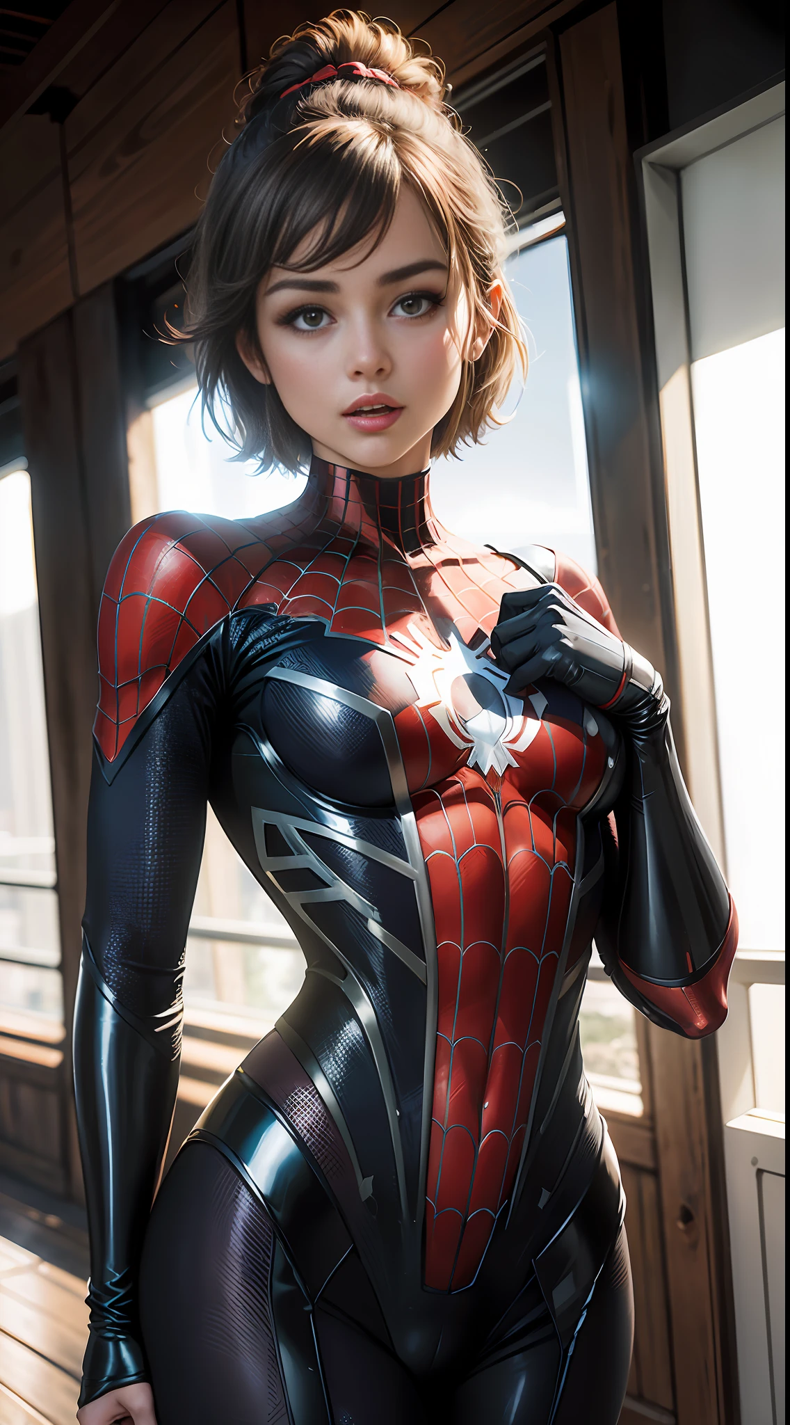 Spider-Man, bustling metropolis, (inspired by the Avengers), Spider-Man suit, mecha pants full coverage, safety rating, (8k, foto RAW, fotorrealista: 1, 25), (muito brilho labial, muitos cílios, melhor qualidade, ultra alta resolução, profundidade de campo, Aberração cromática, luz ampla, cor natural, distant image (1:2)