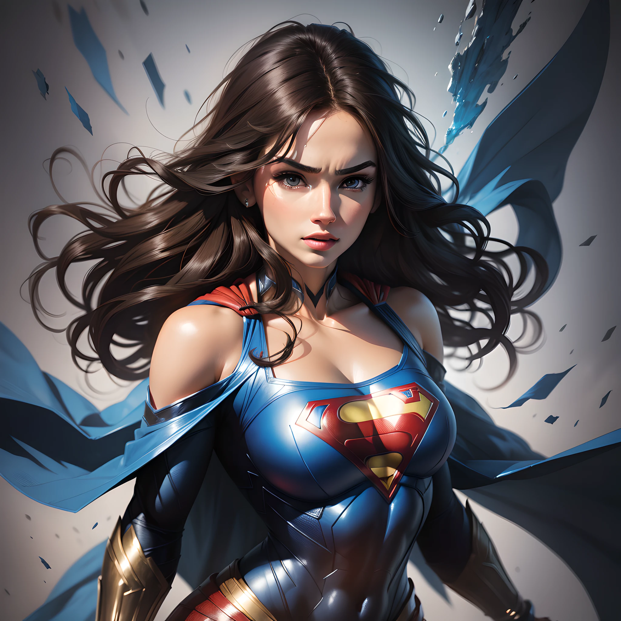((masterpiece)), exceptional image quality, ultra-detailed CG unit, ultra detailed, a beautiful woman, superman costume, intense look, dynamic pose, dark hair, abstract background, blue tones.
