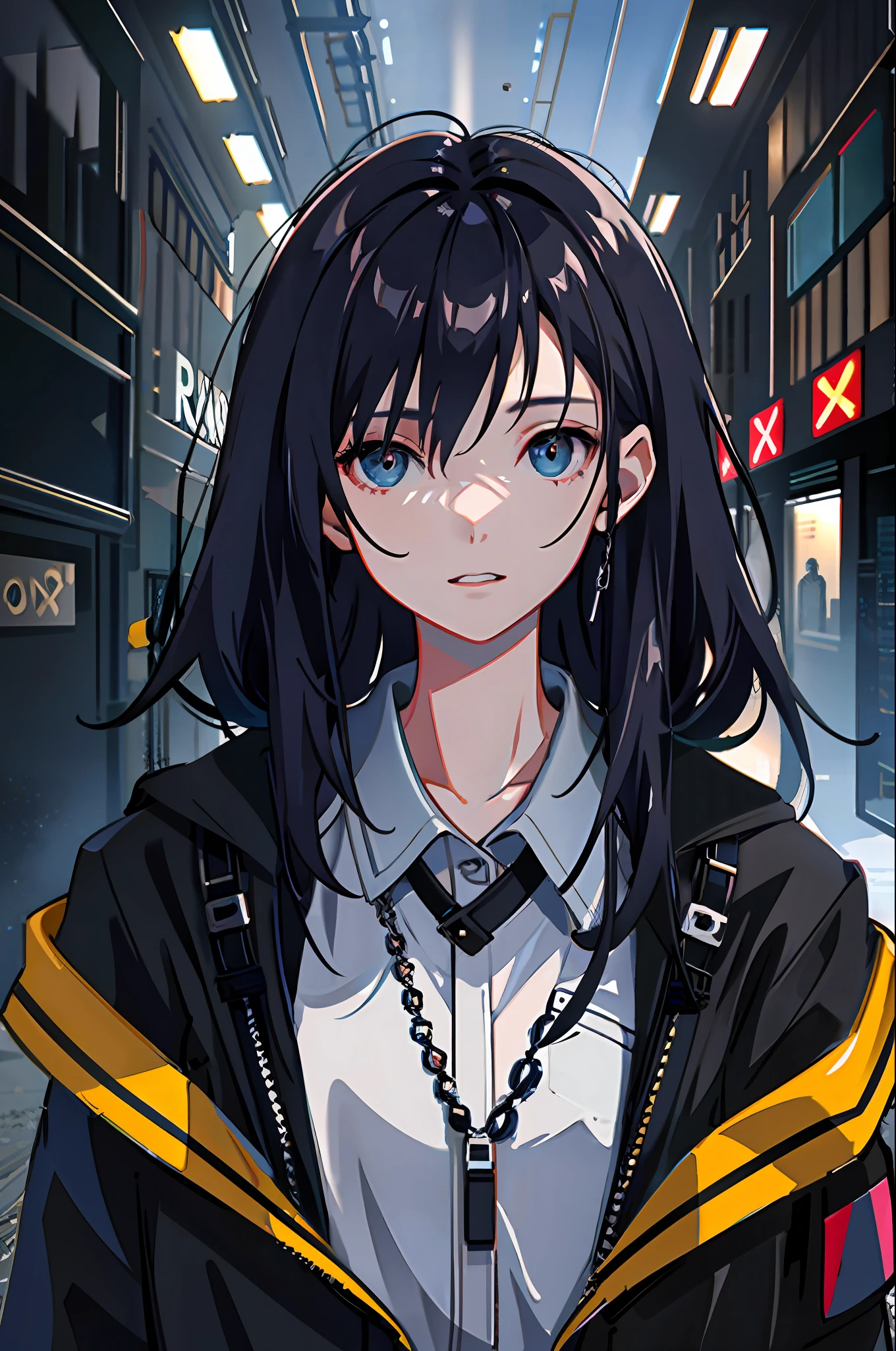 1girl, jacket, rain, outdoor, hoodie, open jacket, chain, backpack, looking at another, messy hair, trending on artstation, 8k resolution, highly detailed, anatomically correct, sharp image, digital painting, concept art, trending on pixiv, style of makoto shinkai,