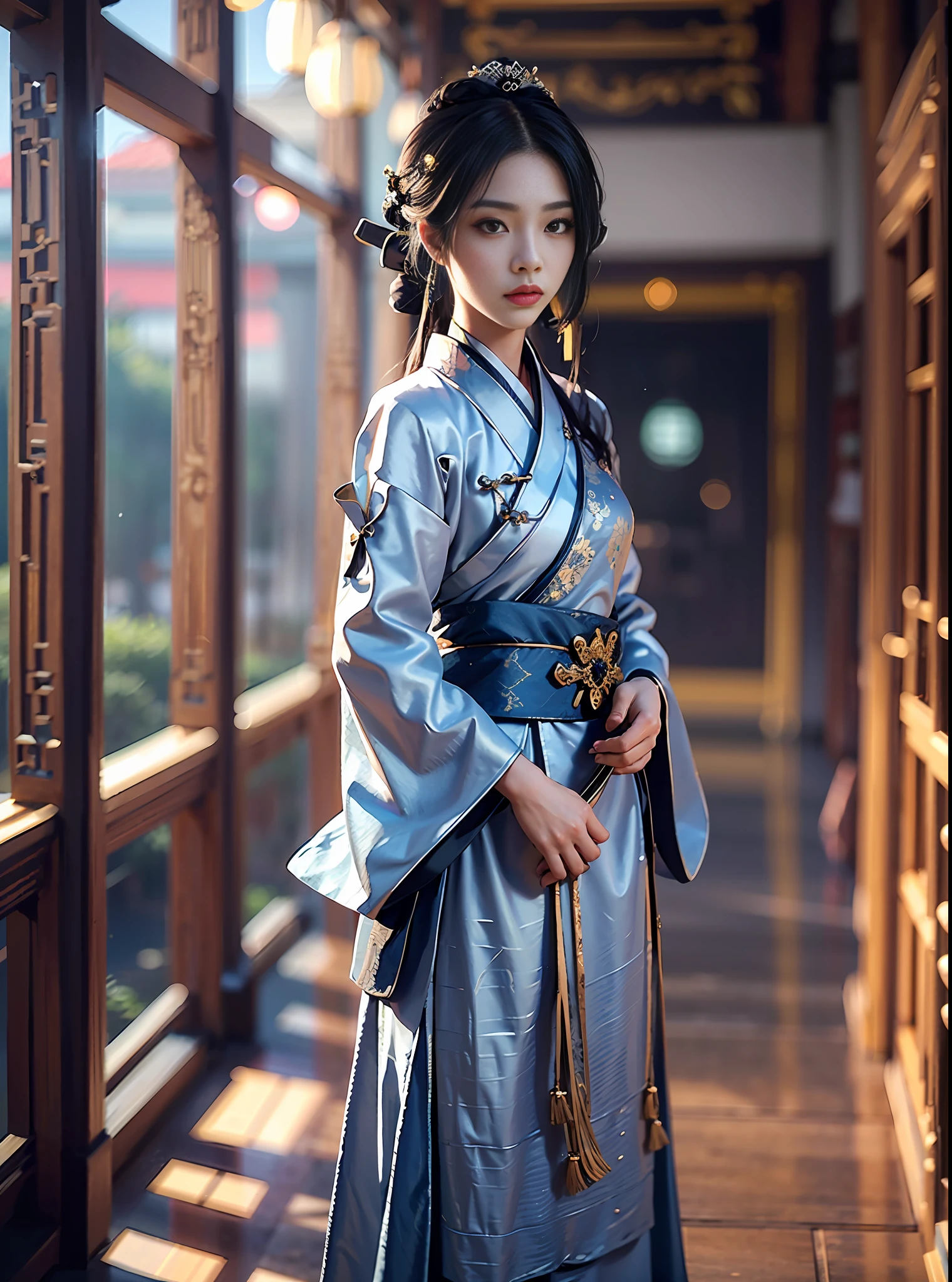 (Fidelity: 1.4), ((Black Hanfu)), Big Sleeves, Small Rings, Mole Under Eyes, Denim Lens, Bokeh, Perspective Shortening, Negative Space, Chiaroscuro, Depth of Field, Ray Tracing, Masterpiece, Anatomically Correct, Textured Skin, Best Quality, 8K, Ultra HD, Ccurate, Full Body, Chinese Royal Palace