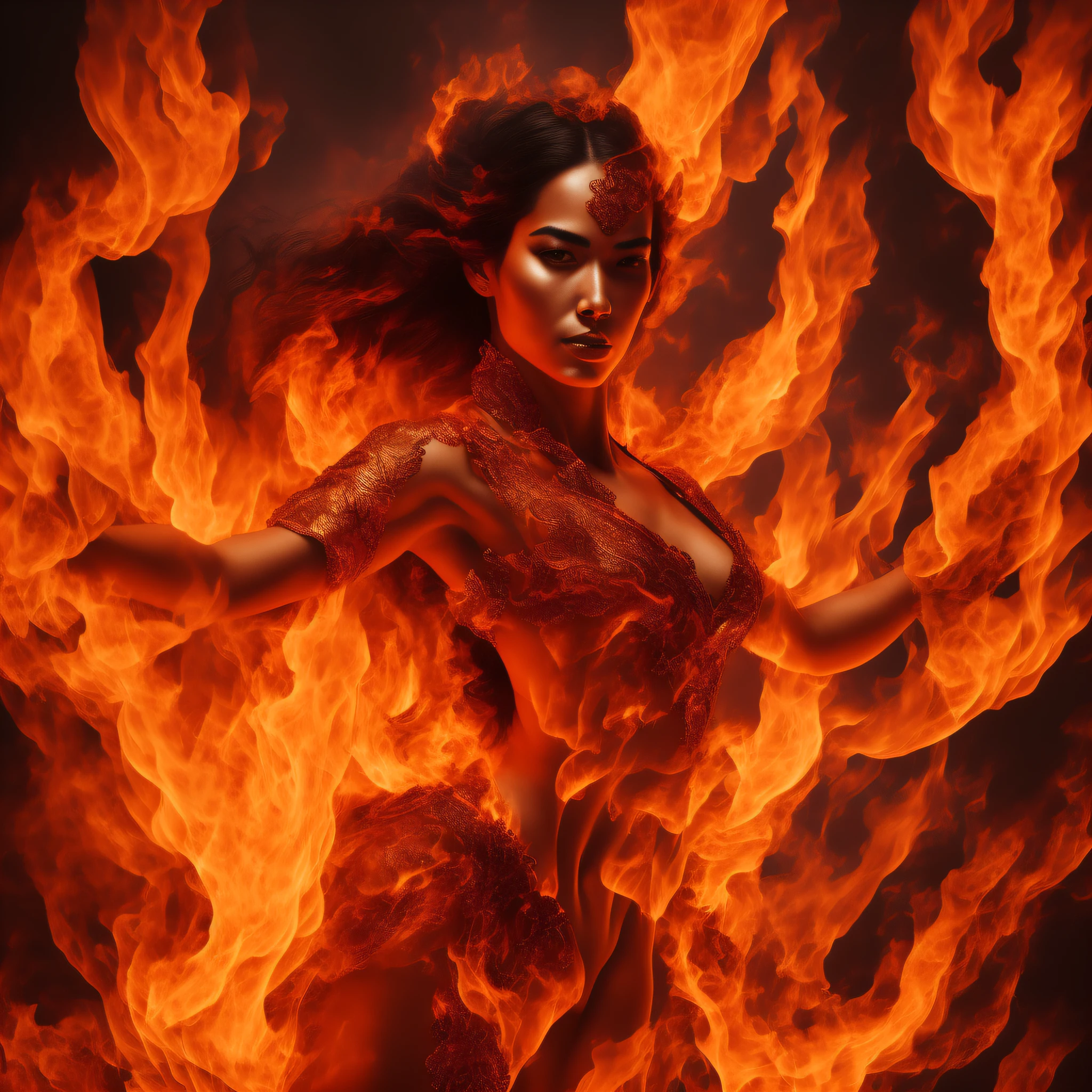 Artwork depicting fire spirits evokes a sense of vitality and passion. The woman's body is enveloped in red and orange flames, giving the impression of being in a blazing fire. Her silhouette is blurred by the dance of the flames, and her beauty shines with a mysterious radiance. Her expression has depth and reveals the passion hidden within her. This work embodies the strength and fervor of the fire spirit and conveys its intense energy to the viewer, photorealistic, masterpiece, top quality, ultra detailed, HDR, 8K