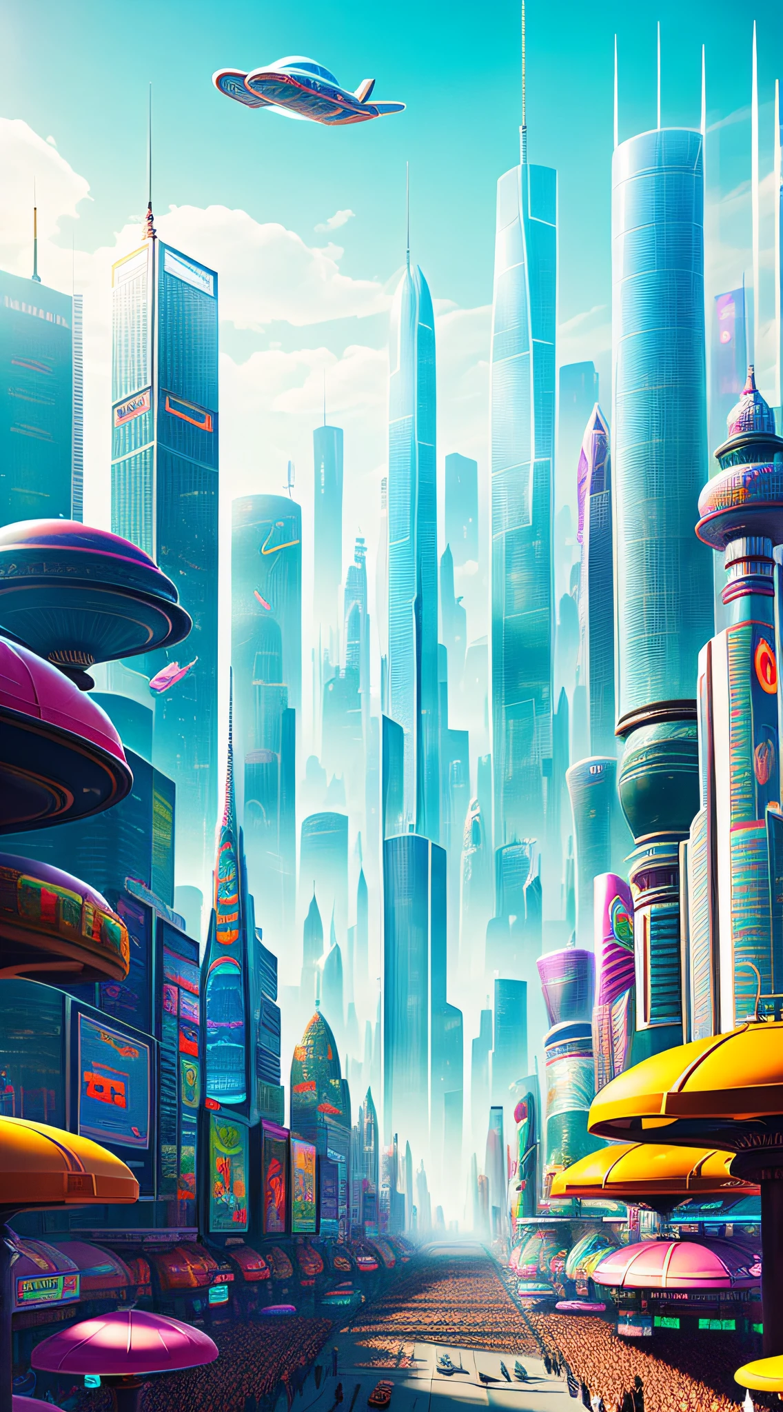 A bustling futuristic cityscape with floating skyscrapers and hovercars zooming between them. In the center of the city is a massive outdoor marketplace, filled with colorful stalls selling a wide variety of bizarre alien goods. The overall tone is lighthearted and whimsical, by Justin Maller