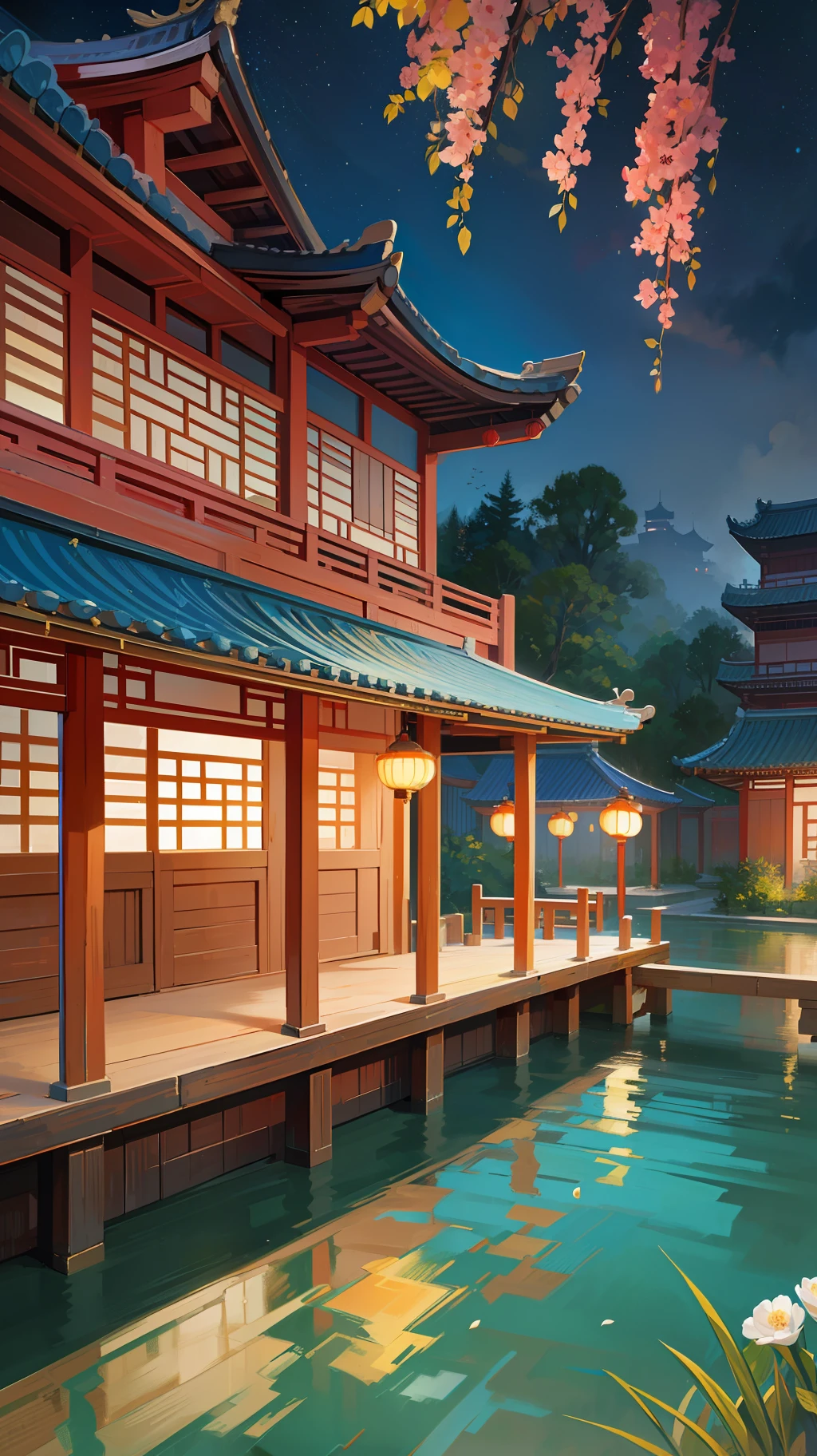 oil painting,Song Dynasty artist Zhao Ji style,Artist Sargent’s colors,Relaxed brushstrokes, oil painting brushstrokes, solid in the front and virtual in the back,CG rendering, night, ancient Chinese Jiangnan towns, ancient Chinese architecture, Jiangnan architecture, just like a fairyland, gurgling water, flowers and brocade clusters, trees with flowers, the water reflecting the starry sky and lights at night, romantic and beautiful,beautiful scene,Game scene graph,a beautiful painting by Zhang Daqian,Unreal engine,high detail,trending on artstation,16K,super wide angle,mood lighting –ar 9:16 –quality 3 –s 150 --auto --s2