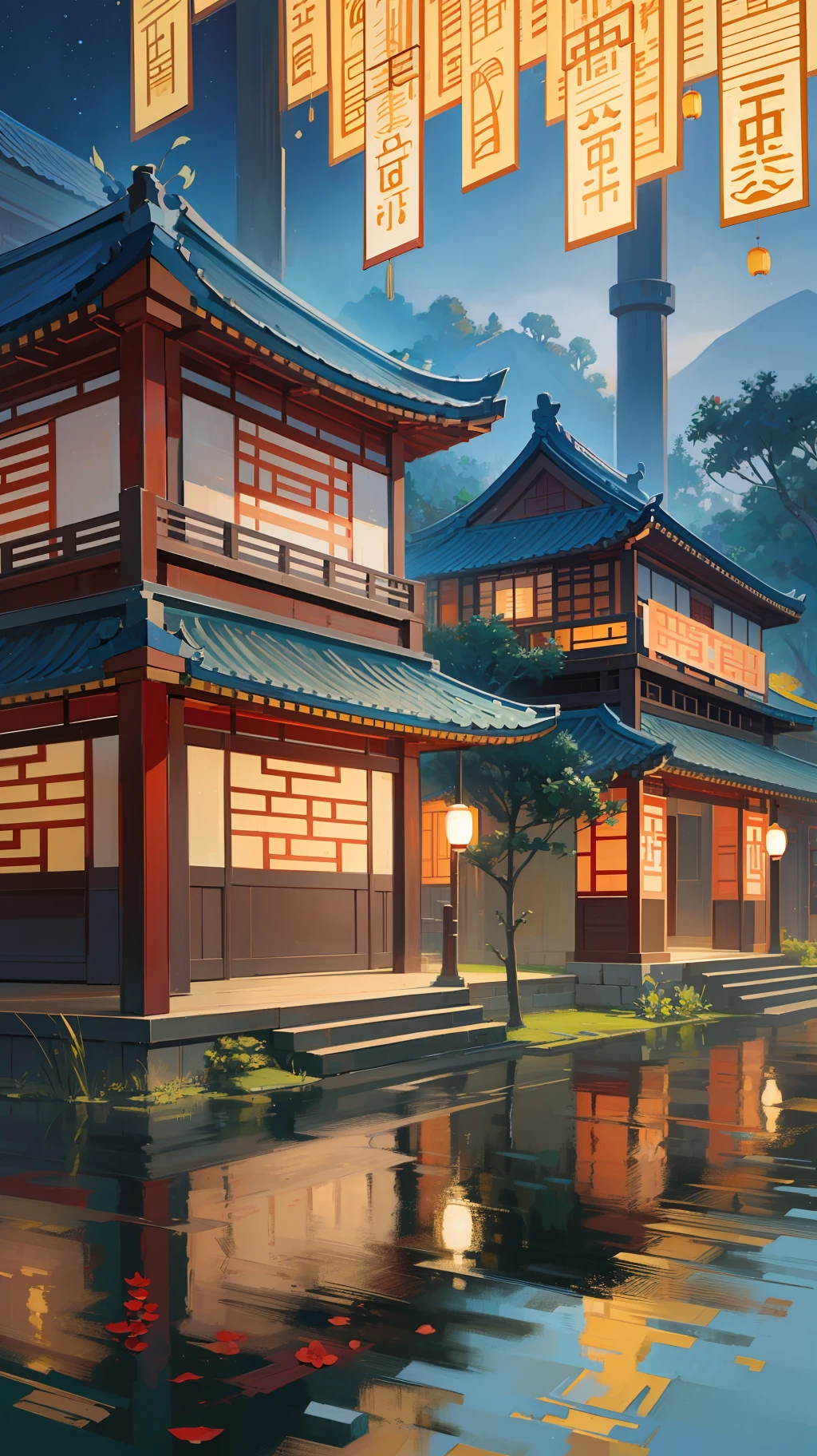 oil painting,Song Dynasty artist Zhao Ji style,Artist Sargent’s colors,Relaxed brushstrokes, oil painting brushstrokes, solid in the front and virtual in the back,CG rendering, night, ancient Chinese Jiangnan towns, ancient Chinese architecture, Jiangnan architecture, just like a fairyland, gurgling water, flowers and brocade clusters, trees with flowers, the water reflecting the starry sky and lights at night, romantic and beautiful,beautiful scene,Game scene graph,a beautiful painting by Zhang Daqian,Unreal engine,high detail,trending on artstation,16K,super wide angle,mood lighting –ar 9:16 –quality 3 –s 150 --auto --s2