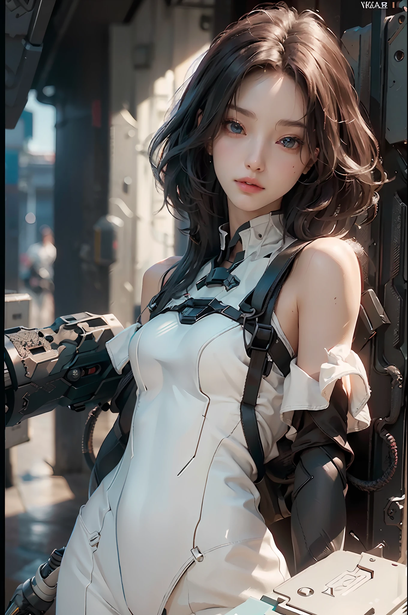 ((Best Quality)), ((Masterpiece)), (Detail: 1.4), 3D, Cyberpunk, (Square)), Bust, Perfect Face, ((Face Close-up)), Perfect Fingers, Perfect Figure, A Beautiful Cyberpunk Female Image Facing Up, (Standing), (Upright), Action Pose, ((High Detail Skin)), (Small Chest: 1.3), Collar, Tight Clothing, (Firearms), On the Battlefield, HDR (High Dynamic Range), Ray Tracing, NVIDIA RTX, Super-Resolution, Unreal 5, Subsurface Scattering, PBR Textures, Post-processing, Anisotropic Filtering, Depth of Field, Maximum Sharpness and Sharpness, Multi-layer Textures, Albedo and Highlight Mapping, Surface Shading, Accurate Simulation of Light-Material Interactions, Perfect Proportions, Octane Render, Bicolor Light, Large Aperture, Low ISO, White Balance, Rule of Thirds, 8K RAW,