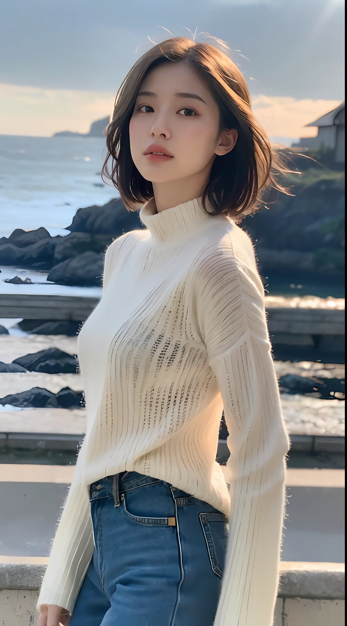 ((Best Quality, 8K, Masterpiece:1.3)), Focus: 1.2, Perfect Body Beauty: 1.4, Buttocks: 1.2, ((Layered Haircut, Breasts: 1.1)), (Wet Clothes: 1.1), (Rain, Street:1.3), Bandeau Dress: 1.1, Highly Detailed Face and Skin Texture, Detailed Eyes, Double Eyelids, Whitened Skin, Long Hair, Delicate Fingers, (Shut Up: 1.3), Full Body, Dark, Deep Shadow, Rugged Award Winning Portrait Photo , (Facial Focus: 1.5), (Storm: 1.2), (Waves: 1.3), Ocean, (Lighthouse Background: 1.5), (Denim Lens: 1.4), (White Turtleneck Sweater: 1.3), Looking at the Viewer, Realistic, Masterpiece, Highest Quality, Backlight, (Lens Flare: 1.1), (Halo: 1.1), (Chromatic Aberration: 1.1), by Jeremy Lipking, by Antonio J. Manzanedo, by Lee jeffries nikon d850 film stock photograph 4 kodak portra 400 camera f1.6 lens rich colors hyper realistic lifelike texture dramatic lighting unrealengine trending on artstation cinestill 800