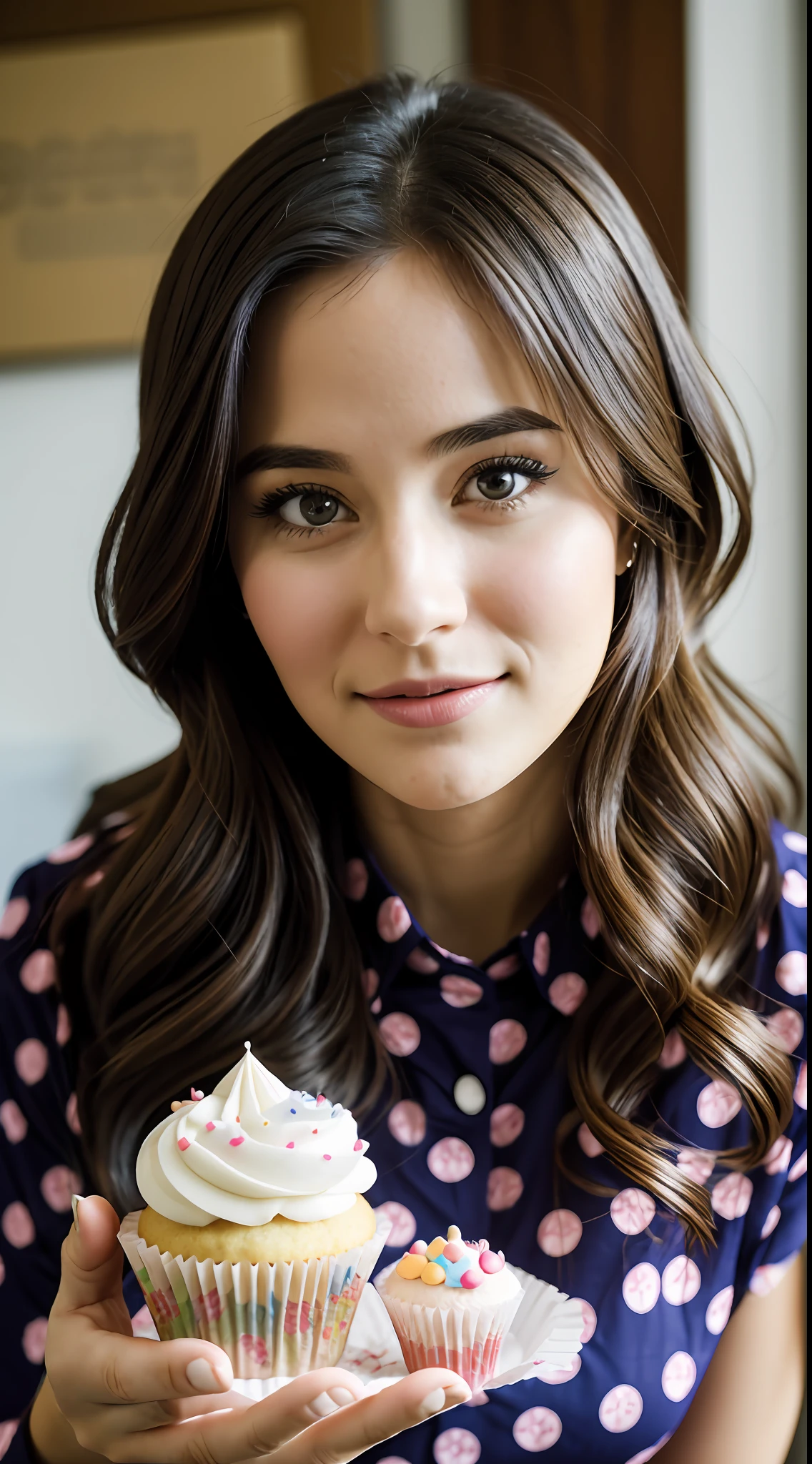 portrait of 28-year-old woman at her desk with cupcakes in her hands, sharp facial features, cinematic, 35mm lens, f/1.8, highlight lighting, global lighting --uplight --v 4 --ar 1080:1920 --auto --s2