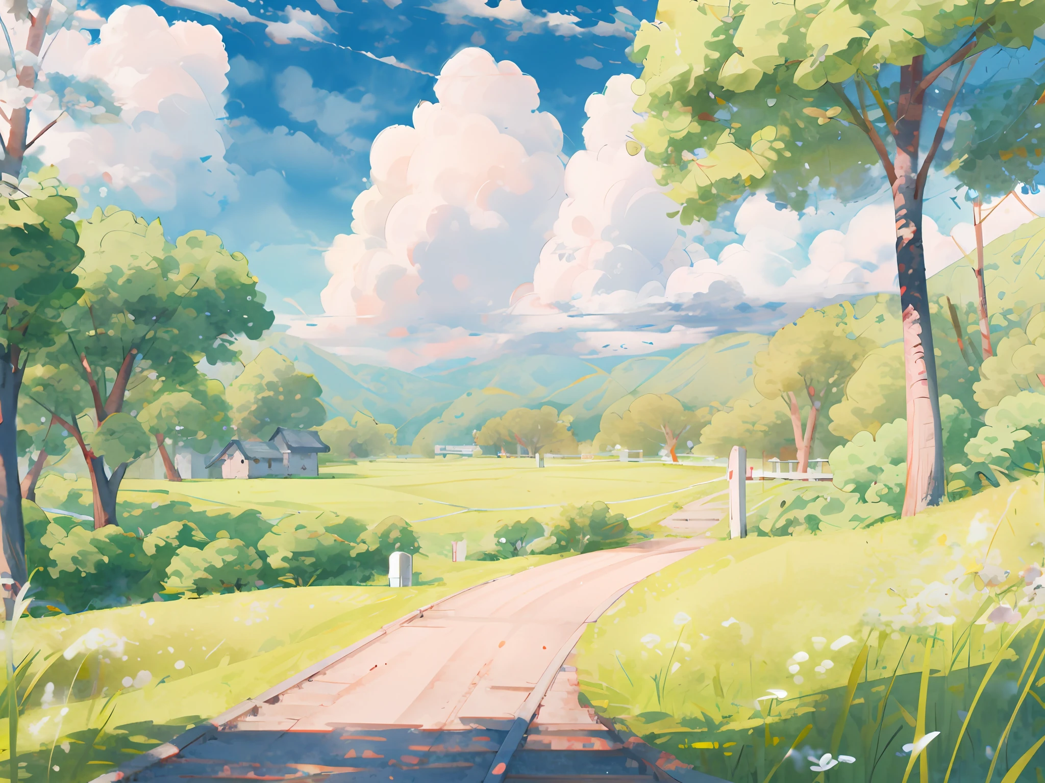 (Japanese landscape), (Miyazaki style), cartoon, modern countryside, road, curve, low houses, trees, poles, white clouds, calm landscape, outdoors, green trees, epic composition, realistic lighting, hd detail, masterpiece, best quality, (very detailed CG uniform 8k wallpaper), clay texture, clean background, natural light, best quality, hyper detail, 3d art, c4d, blender, oc renderer, 3d rendering, 8k, rich colors, flowers, leaves, The sunlight shines, the real is real, the details are depicted in detail, the grass is real, the flowers are real and delicate, realistic