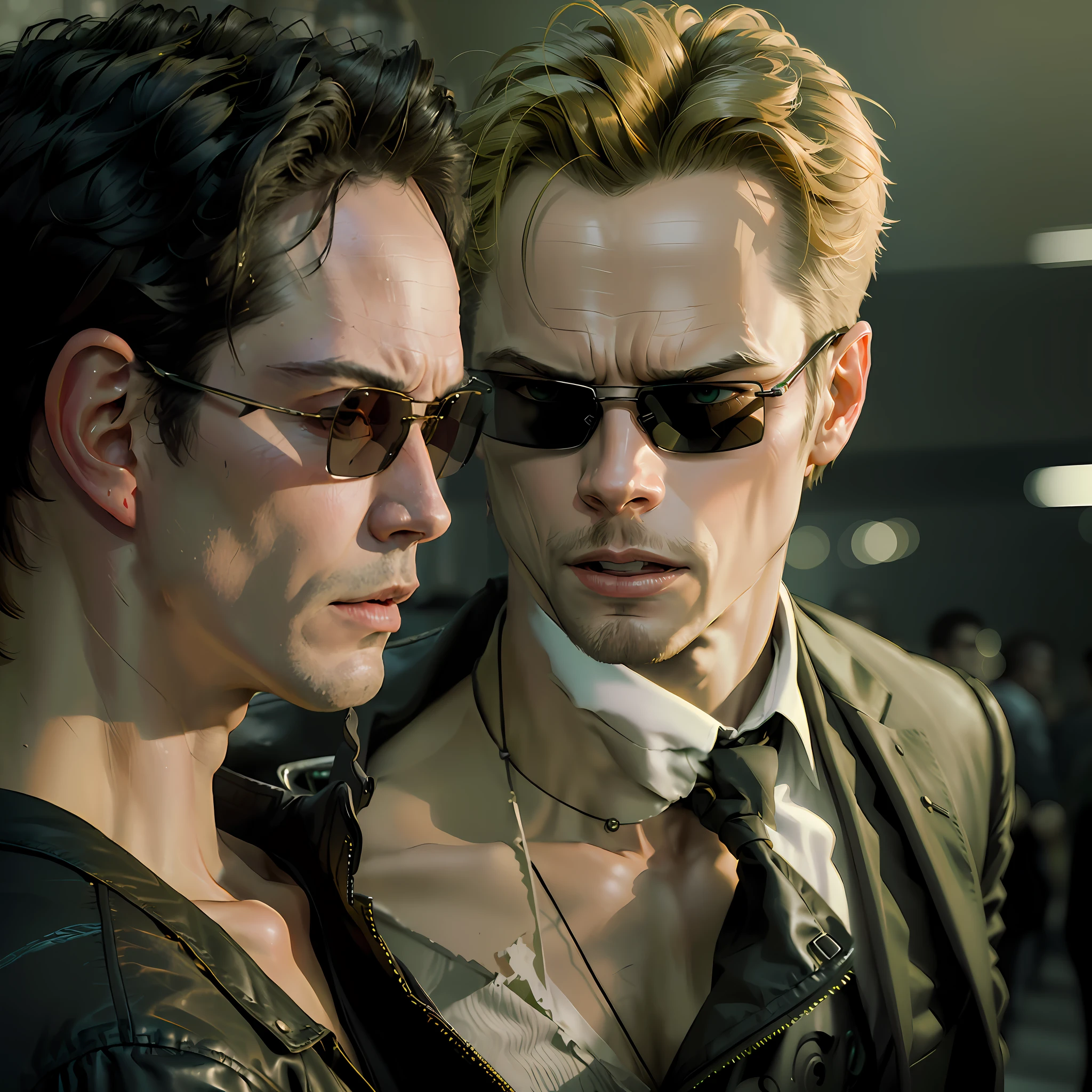 ((best quality)), ((masterpiece)), (detailed) fan art of (neo from the matix) head, ((neo from matrix face)) looking away, keanu reaves, the matrix (1999), sunglasses, night, 80mm, ((western animation)), (neo the matrix (1999)), (short hair), (tokyo street nights), ((back of the head)), ((profile))