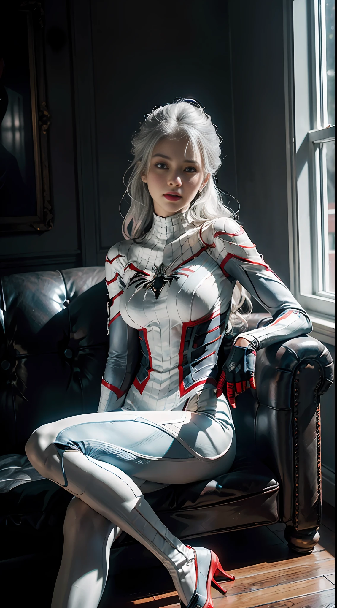 (Extreme Detail CG Unity 8K wallpaper, masterpiece, highest quality), (Exquisite lighting and shadow, highly dramatic picture, Cinematic lens effect), a girl in a white Spider-Man costume, silver gray hair color, from the Spider-Man parallel universe, Wenger, Marvel, Spider-Man, sitting on the couch, dynamic pose), (excellent detail, excellent lighting, wide angle), (excellent rendering, enough to stand out in its class), focus on white Spider-Man costumes, complex spider textures