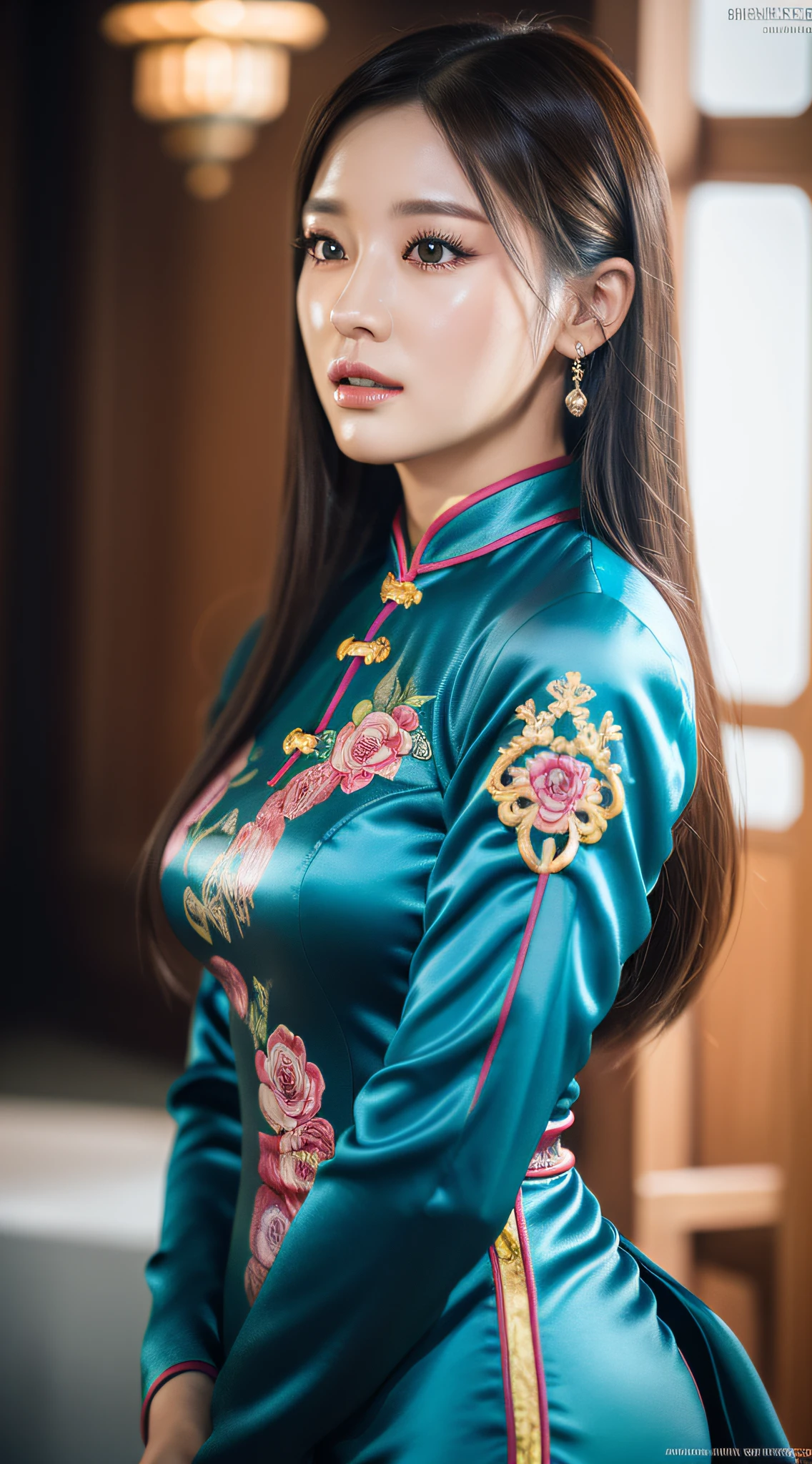 (Masterpiece, best quality), (No watermark 1.5 in the picture), step into a futuristic realm and admire the awesome artwork of a girl with colorful long hair. Wearing a Chinese cheongsam, a detailed cheongsam, at the wedding scene, using the power of 3D rendering technology and Octane, she made a super realistic depiction of her detailed face and symmetrically beautiful eyes. Meticulous attention is paid to the intricate and sharp details that bring this artwork to life. With a fluid rendering style and cinematic studio lighting, this masterpiece is sure to captivate ArtStation's audience and set new trends.