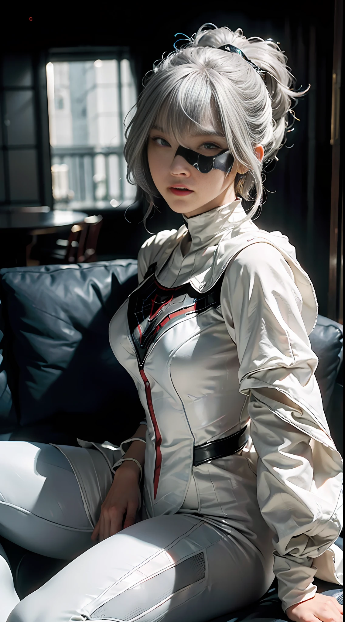 (Extreme Detail CG Unity 8K wallpaper, masterpiece, highest quality), (Exquisite lighting and shadow, highly dramatic picture, Cinematic lens effect), a girl in a white Spider-Man costume, silver gray hair color, from the Spider-Man parallel universe, Wenger, Marvel, Spider-Man, sitting on the couch, dynamic pose), (excellent detail, excellent lighting, wide angle), (excellent rendering, enough to stand out in its class), focus on white Spider-Man costumes, complex spider textures
