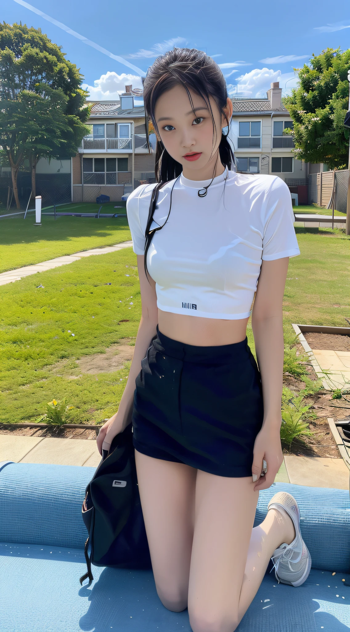 A girl, kneeling on the playground after school, (full body visible)), away from the audience.
She is slim, slender, petite, thin, (flat-chested), (small-)
She was sweaty, wet, and drenched. The clothes are transparent, there is sweat on the skin, and the hair is wet.
She stared at the audience. She wears a black ponytail.
She wore a school uniform, a rolled up white shirt with a blue collar, a colored corduroy sports bra under the shirt, blue shorts, and two layers.
Camera focused on her face, light shining on her face, very large aperture, ((f/1.2)), shallow depth of field, strong blur in background lens, ISO 3000, auto white balance,
Extremely detailed, professional lighting, soft light, original photos, Uniqlo fashion models,
best quality, masterpiece, award-winning photography, huge file size, 8k, high resolution,
Shot on a Sony DSLR.