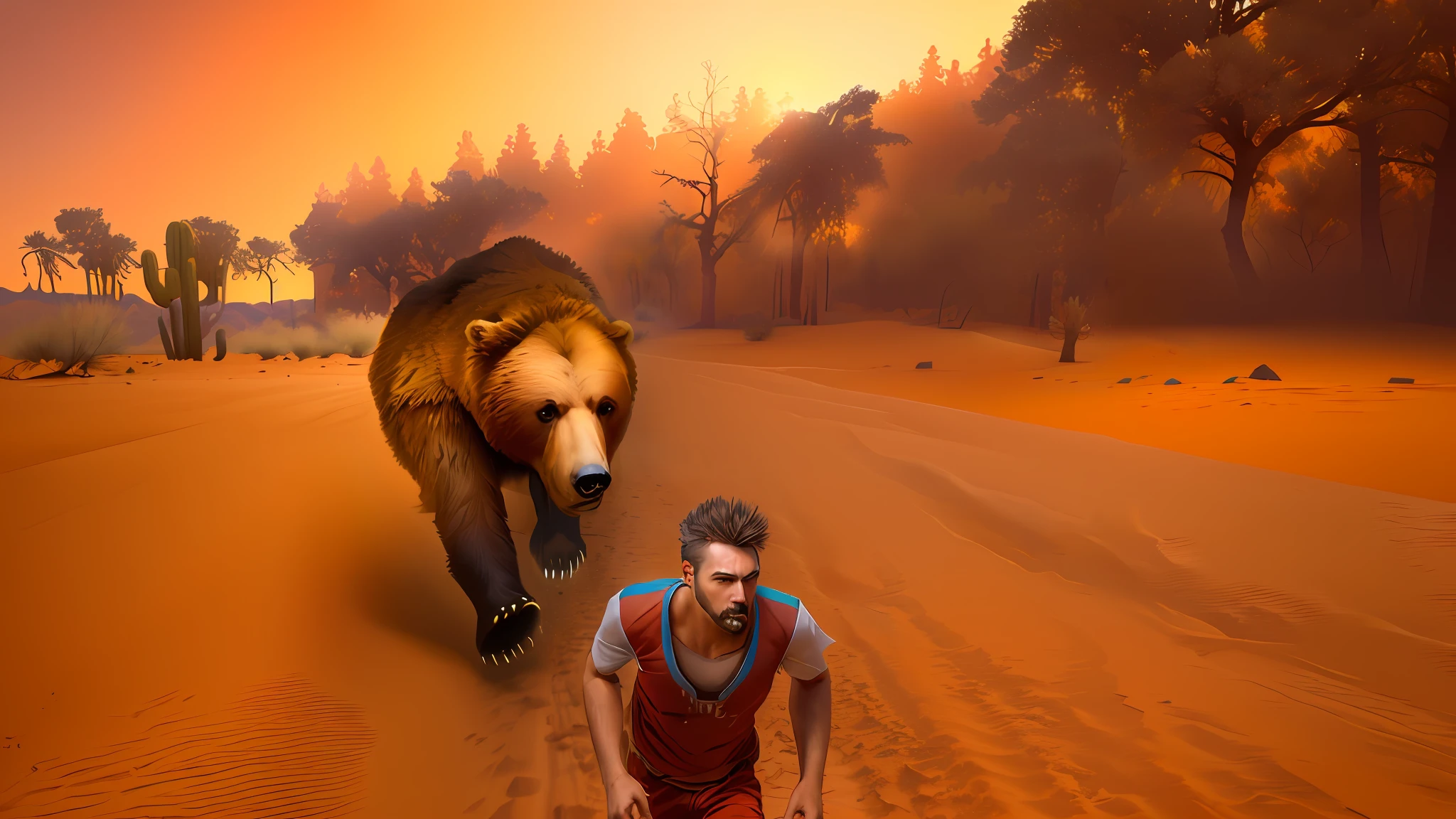 man running from bear in desert, desert, man running from bear, realistic image, realism, bright colors, scary bear, brave bear, hungry bear