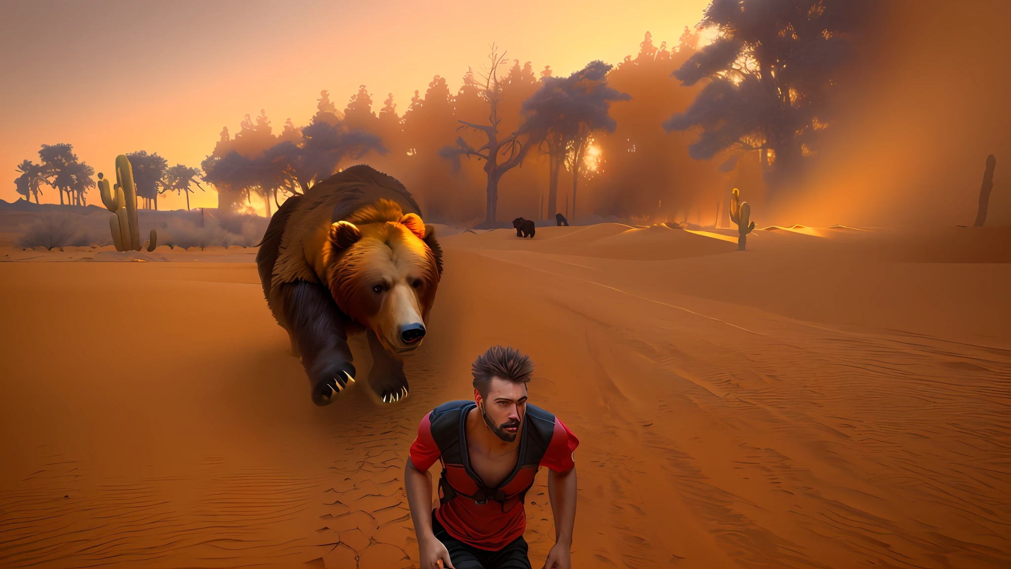man running from bear in desert, desert, man running from bear, realistic image, realism, bright colors, scary bear, brave bear, hungry bear
